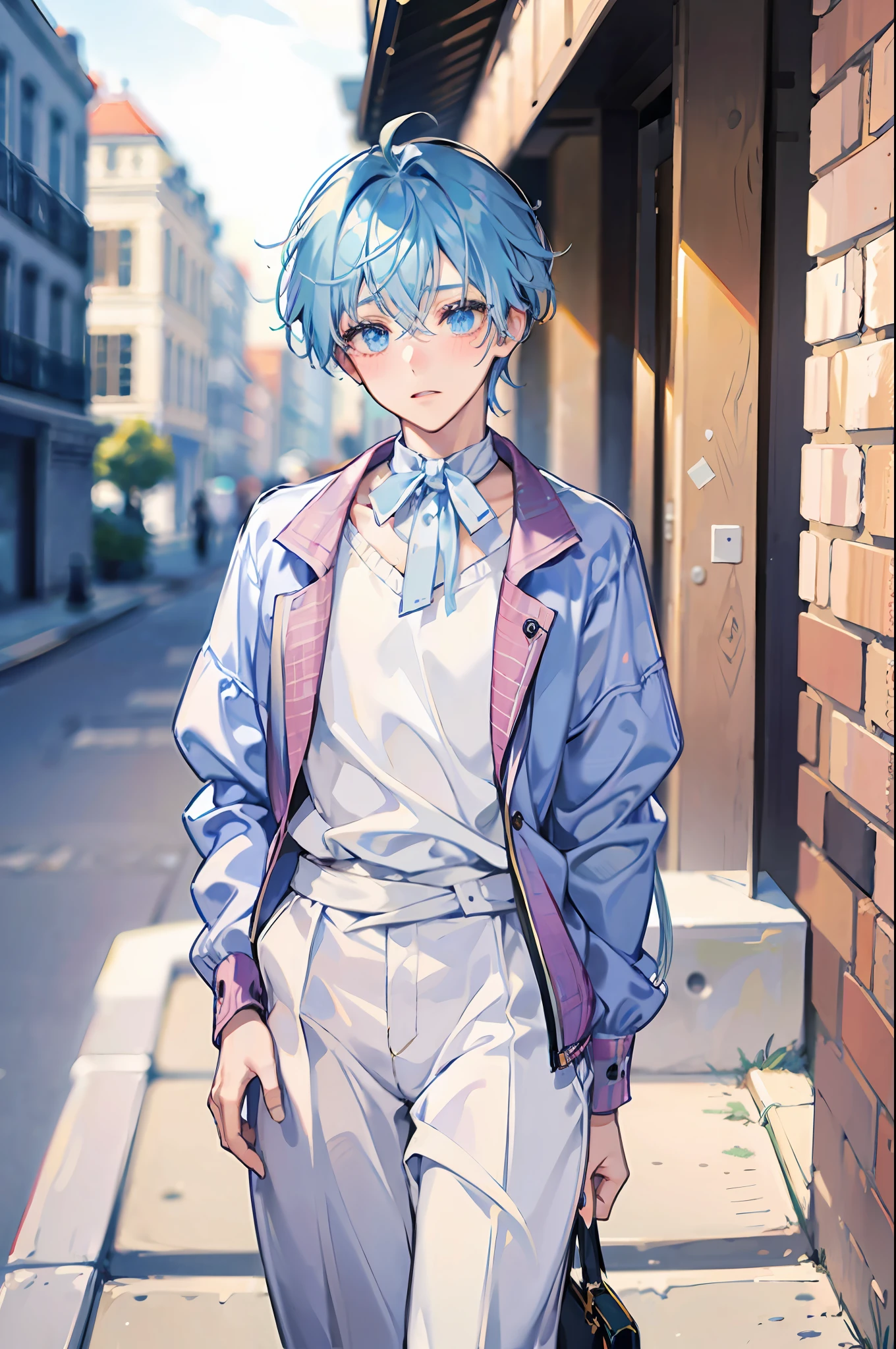 1 boy, young, delicate and feminine, light blue hair and eyes, wearing modern baggy clothes, blushing, shy look