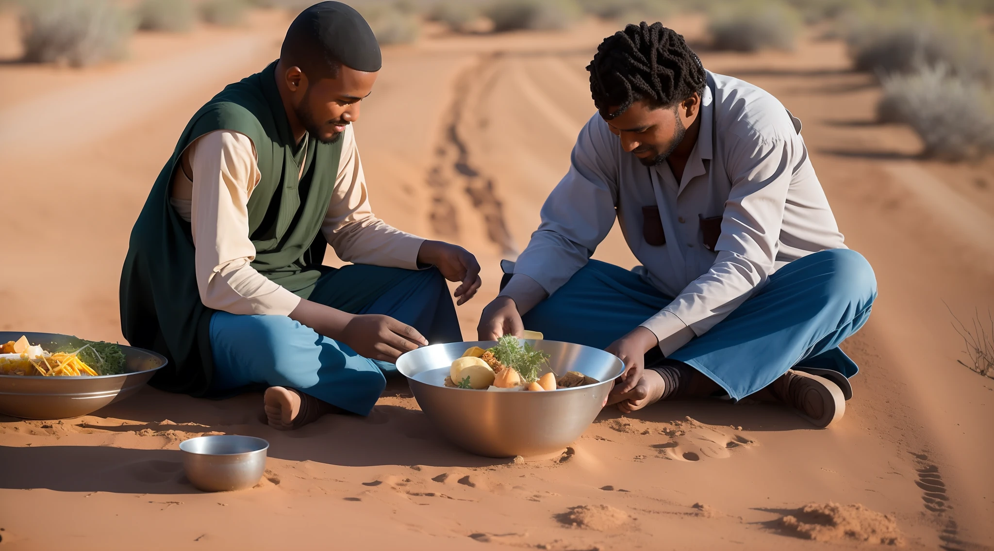 "A couple of wandering retreatants sharing a humble meal sitting on the edge of a dusty, desert dirt road, with the warm sunlight burning their skins and generating dramatic contrasts."
