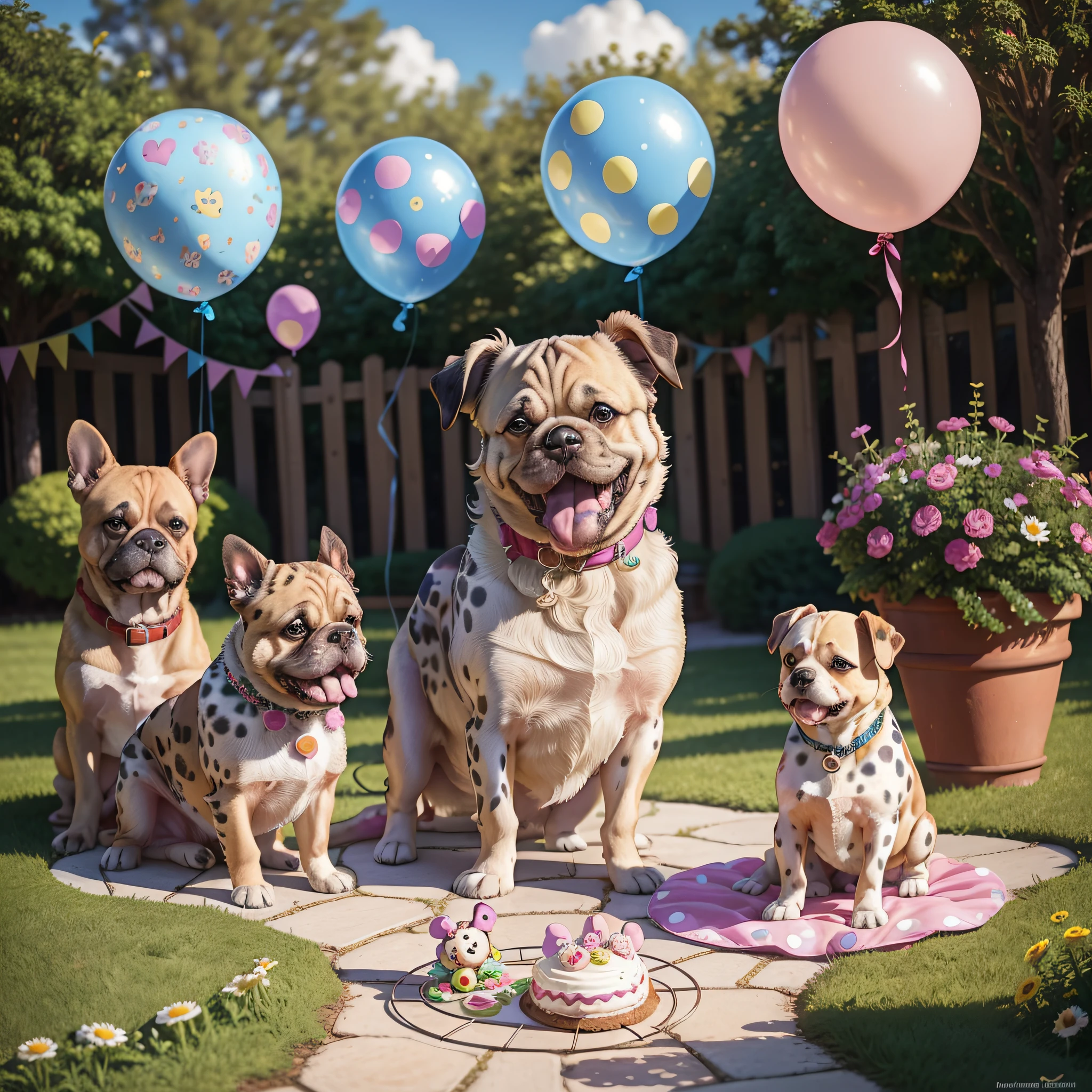 "Garden party, puppies of different breeds (Pugs:1.2, Golden Retriever, Labrador, Dalmatian, Bulldog Frances, Chihuahua:1.1, Beagle, Poodle), some cats, decorated chocolate cake, various colorful sweets, many colorful balloons, cheerful and lively party, Disney style (Mickey Mouse, Minnie Mouse, Donald Duck, Daisy), 8K, ultra-detailed, intricate details." --auto --s2