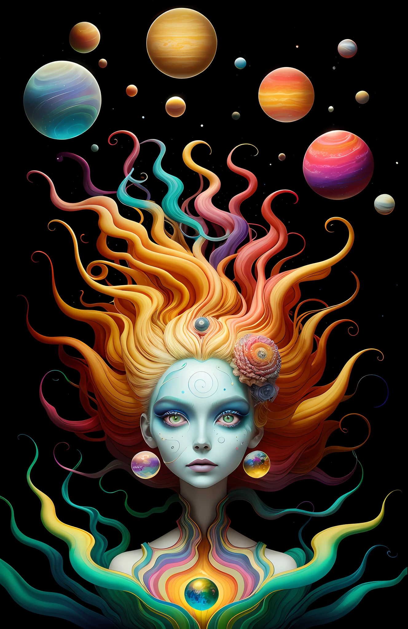 colorpop style, photo photo portrait of the sun surrounded by orbiting planetary moons, blonde pointy hair, natalie shau, mark ryden, alberto seveso, brooke shaden, anna dittmann, flora borsi, 8k resolution, perfect composition, milky way, rainbow color, flying insects, scales, wings, blue, texture, complex, gorgeous, shadow, pastel colors, 3d, Highly detailed, decorated in style, Tim Burton, Dale Chihuly, Xiaolongcheng, Cyril Rolando, by J. Gigue