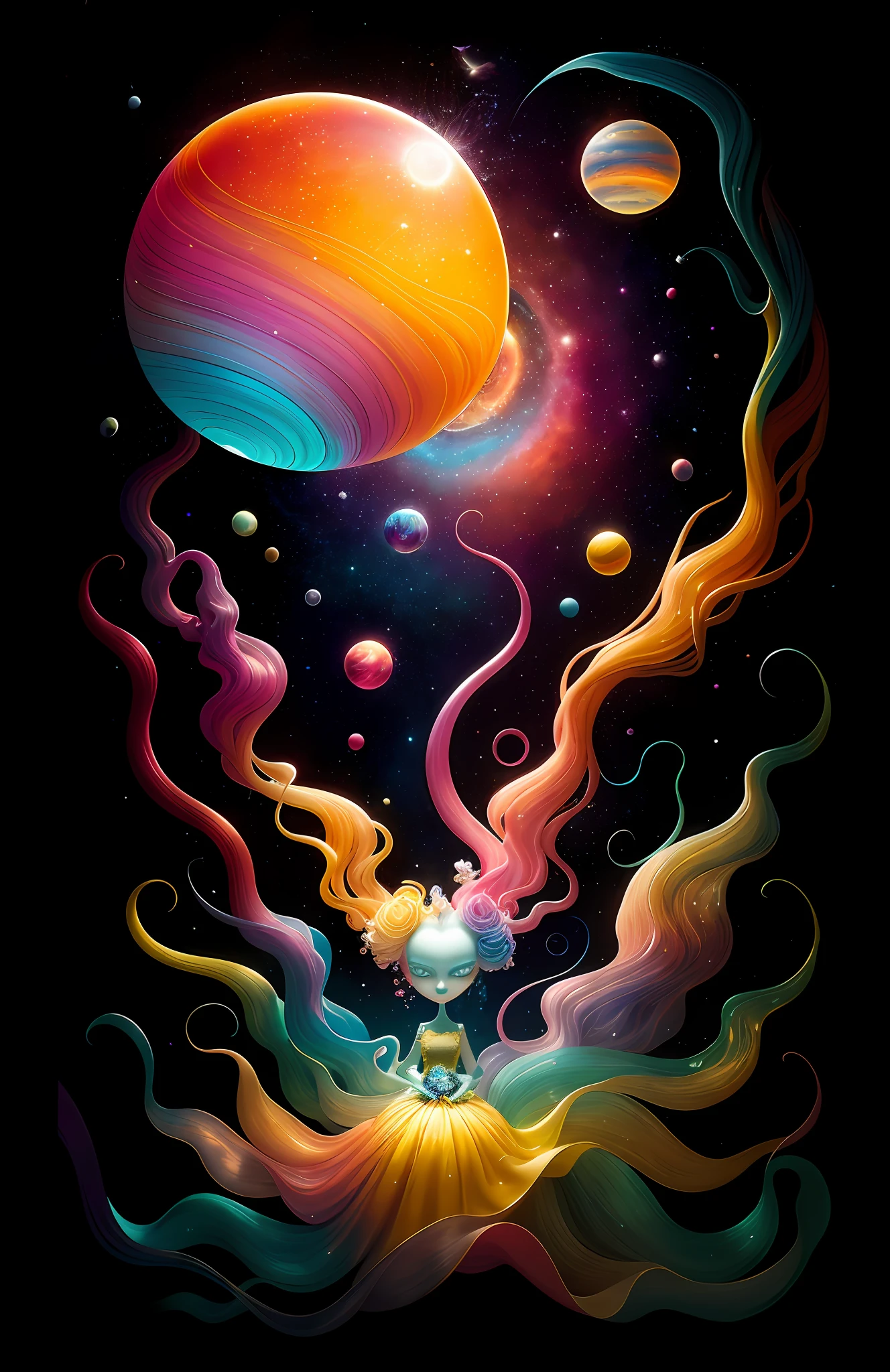 colorpop style, photo photo portrait of the sun surrounded by orbiting planetary moons, blonde pointy hair, natalie shau, mark ryden, alberto seveso, brooke shaden, anna dittmann, flora borsi, 8k resolution, perfect composition, milky way, rainbow color, flying insects, scales, wings, blue, texture, complex, gorgeous, shadow, pastel colors, 3d, Highly detailed, decorated in style, Tim Burton, Dale Chihuly, Xiaolongcheng, Cyril Rolando, by J. Gigue