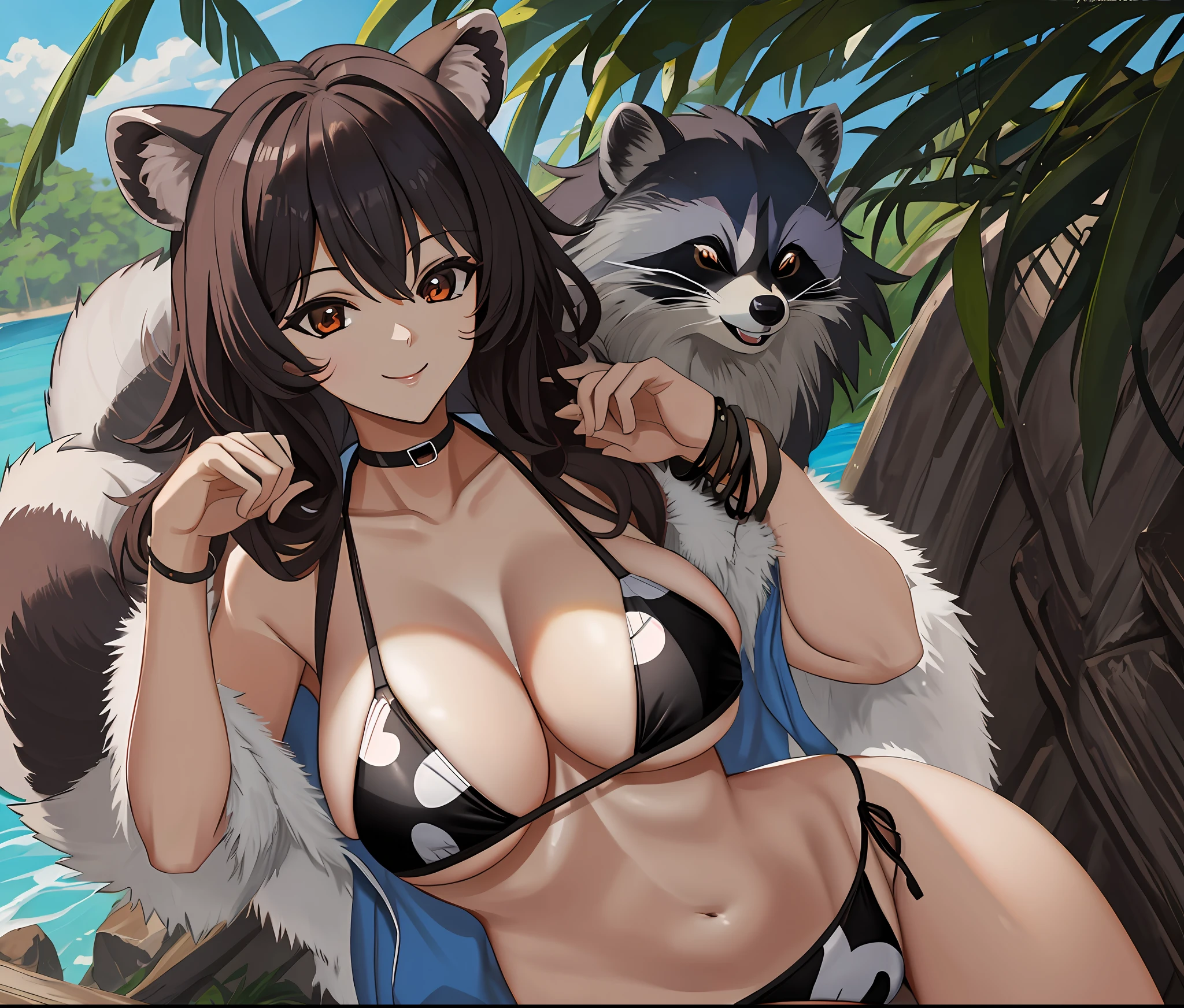 Half-human racoon, large breasts, bikini