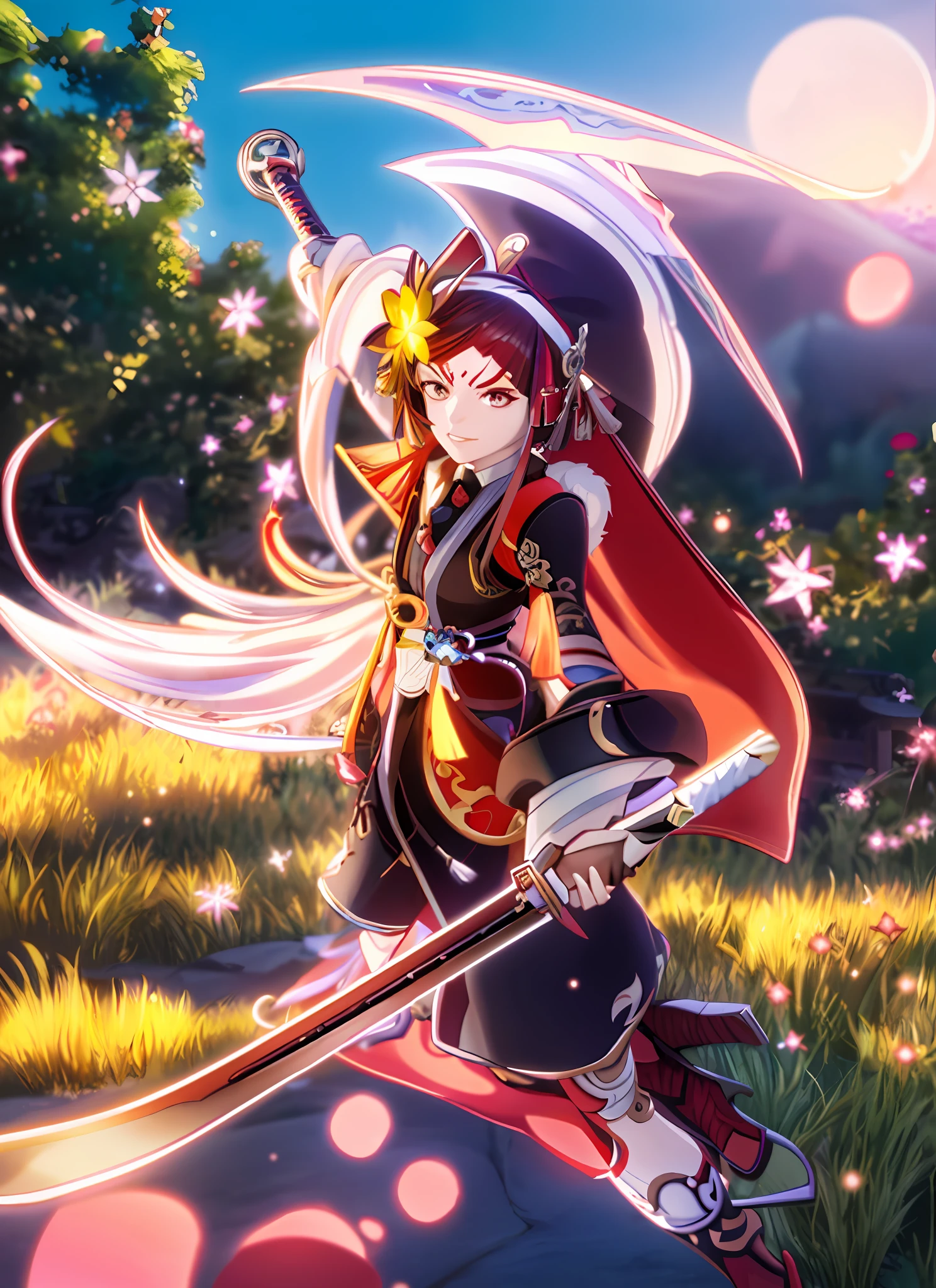 a woman in a red cape holding a sword and a sword, katana zero video game character, rin, high detailed official artwork, ayaka genshin impact, ayaka game genshin impact, anime style 4 k, detailed key anime art, onmyoji portrait, onmyoji detailed art, badass anime 8 k, keqing from genshin impact