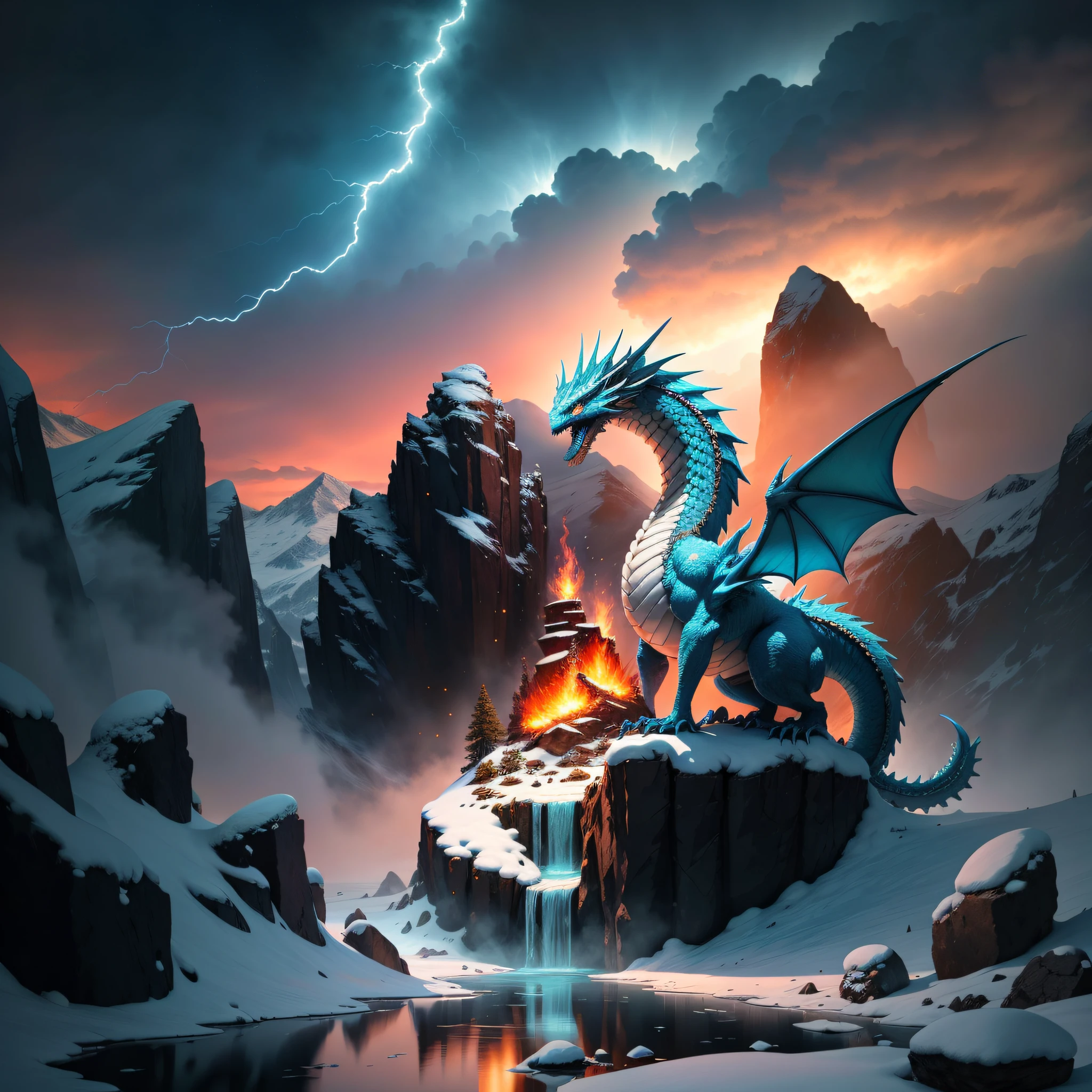 ((best quality)), ((masterpiece)), a majestic ice dragon (perfect anatomy), rising from a frozen lake, surrounded by lightning, snow and rocks, gloomy fiery sky, dramatic lighting, cinematic