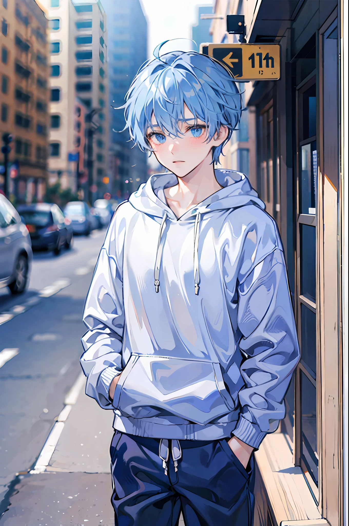 1 boy, young, delicate, light blue hair and eyes, wearing a hoodie and baggy pants, blushing, shy look