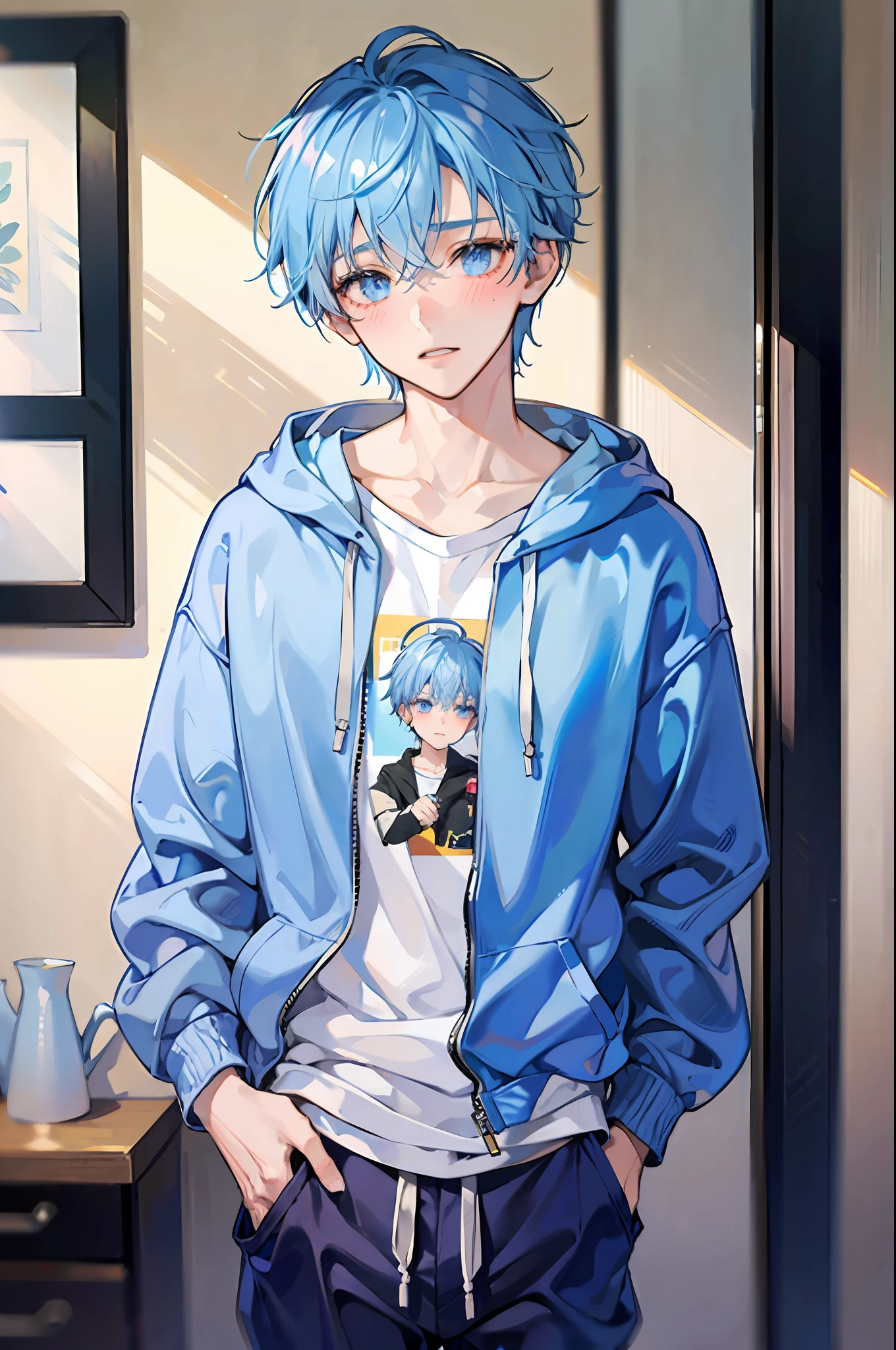 1 boy, young, delicate, light blue hair and eyes, wearing a hoodie and baggy pants, blushing, shy look