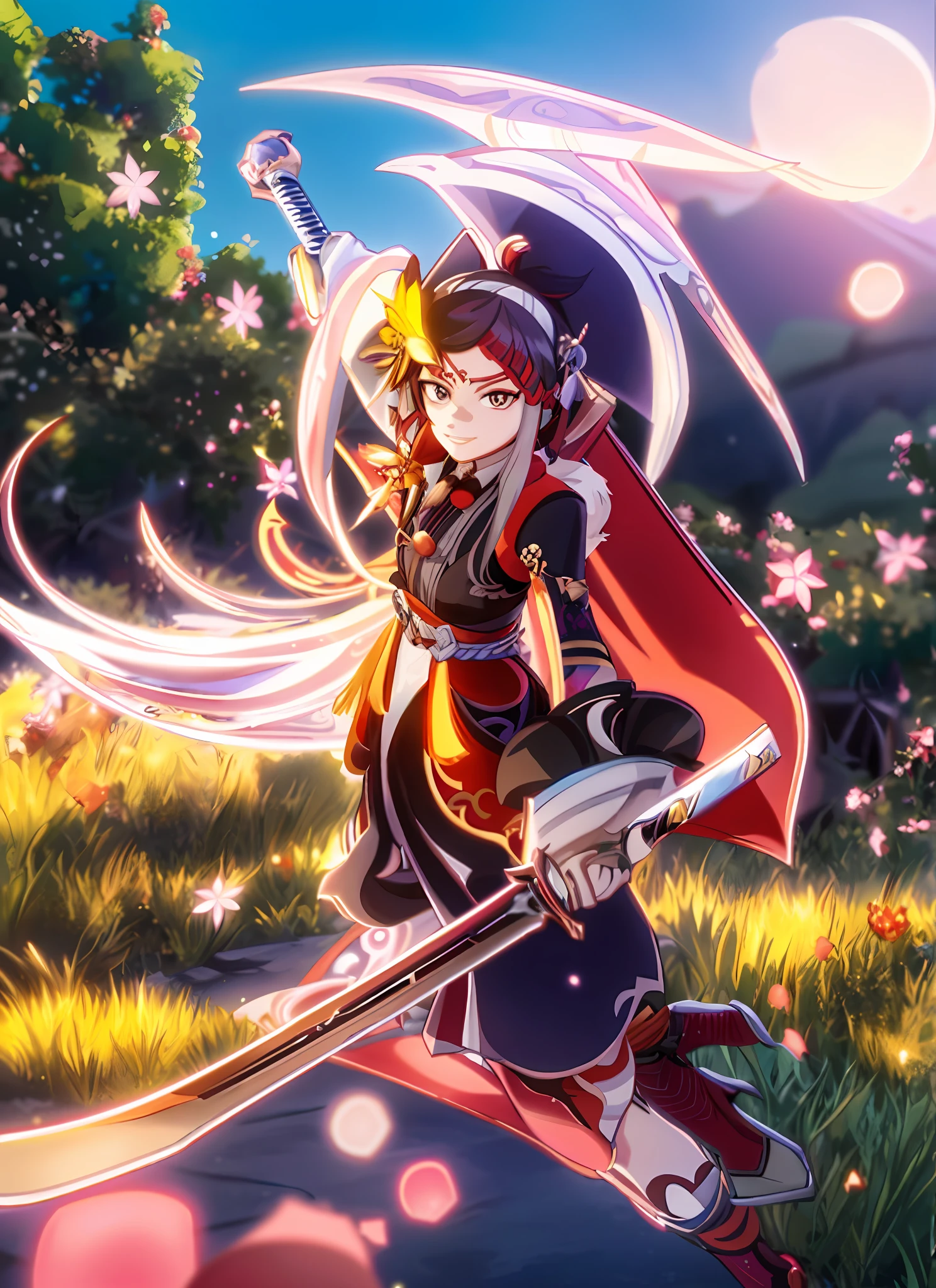 a woman in a red cape holding a sword and a sword, katana zero video game character, rin, high detailed official artwork, ayaka genshin impact, ayaka game genshin impact, anime style 4 k, detailed key anime art, onmyoji portrait, onmyoji detailed art, badass anime 8 k, keqing from genshin impact