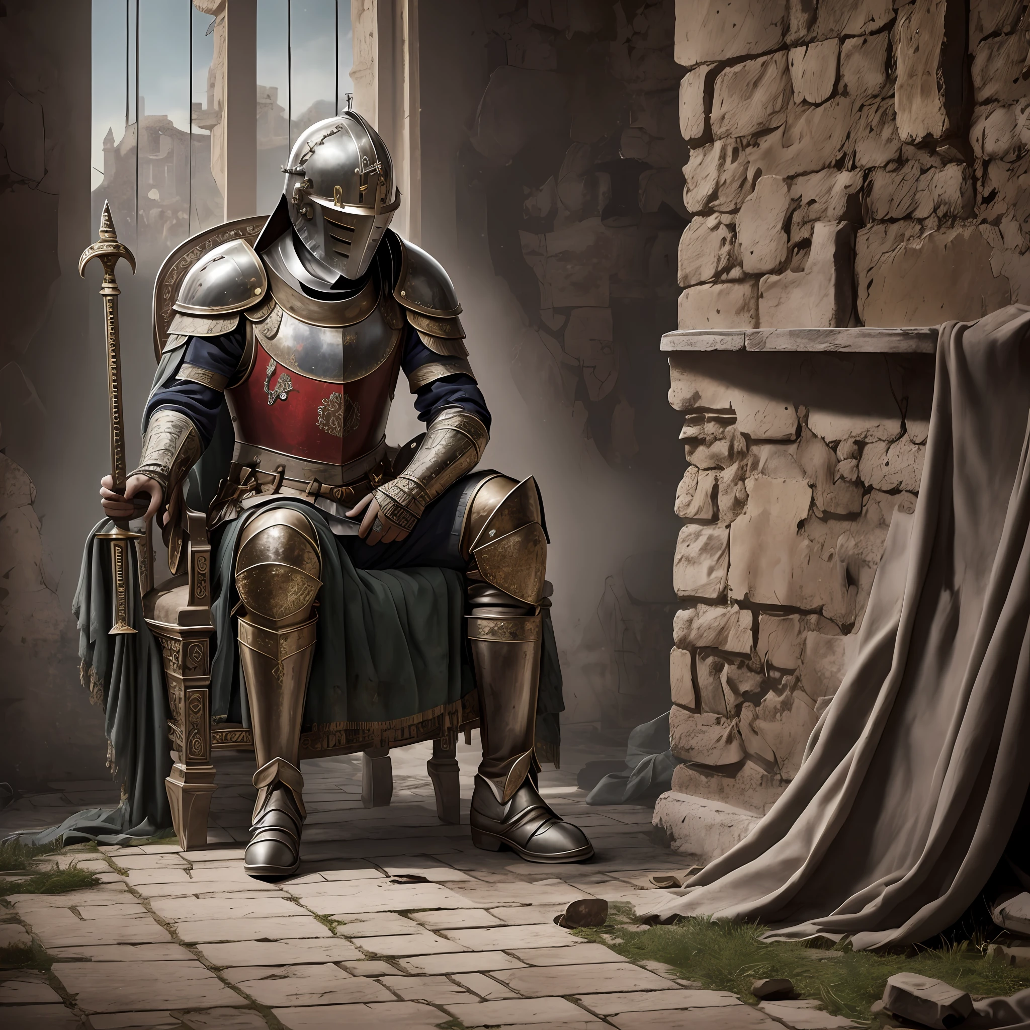 A person with an iron head like a knights helmet with a rotting body sitting on a royal throne with his hands on the handle of the bed, in an old and ruined palace, in the dark, his chest is rotten and pierced, high quality, 4k , Masterpiece --auto --s2