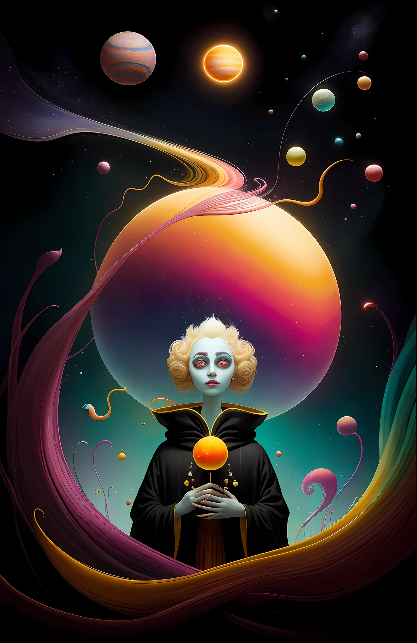colorpop style, photo photo portrait of the sun surrounded by orbiting planetary moons, blonde pointy hair, natalie shau, mark ryden, alberto seveso, brooke shaden, anna dittmann, flora borsi, 8k resolution, perfect composition, milky way, rainbow color, flying insects, scales, wings, blue, texture, complex, gorgeous, shadow, pastel colors, 3d, Highly detailed, decorated in style, Tim Burton, Dale Chihuly, Xiaolongcheng, Cyril Rolando, by J. Gigue