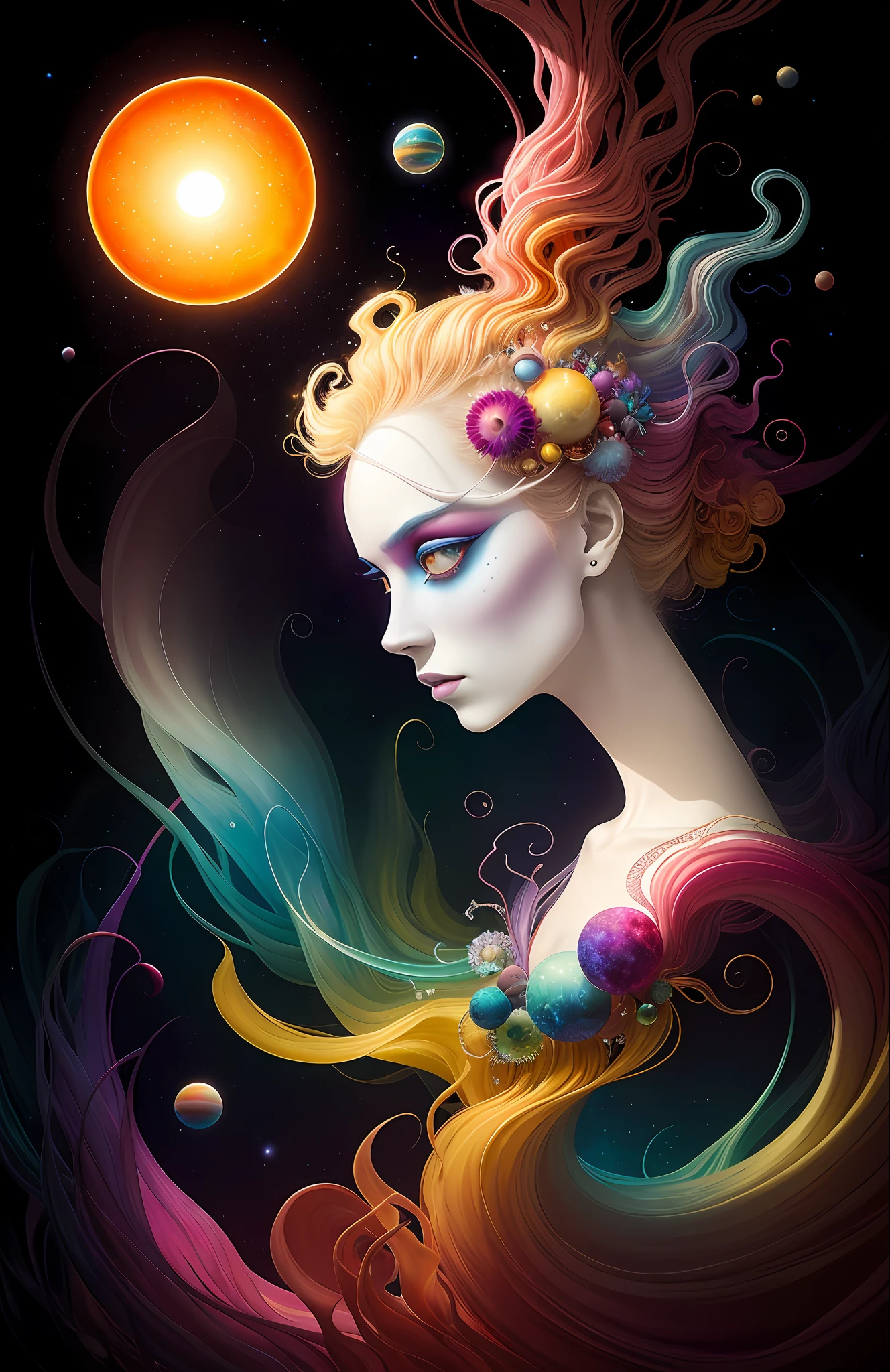 colorpop style, photo photo portrait of the sun surrounded by orbiting planetary moons, blonde pointy hair, natalie shau, mark ryden, alberto seveso, brooke shaden, anna dittmann, flora borsi, 8k resolution, perfect composition, milky way, rainbow color, flying insects, scales, wings, blue, texture, complex, gorgeous, shadow, pastel colors, 3d, Highly detailed, decorated in style, Tim Burton, Dale Chihuly, Xiaolongcheng, Cyril Rolando, by J. Gigue