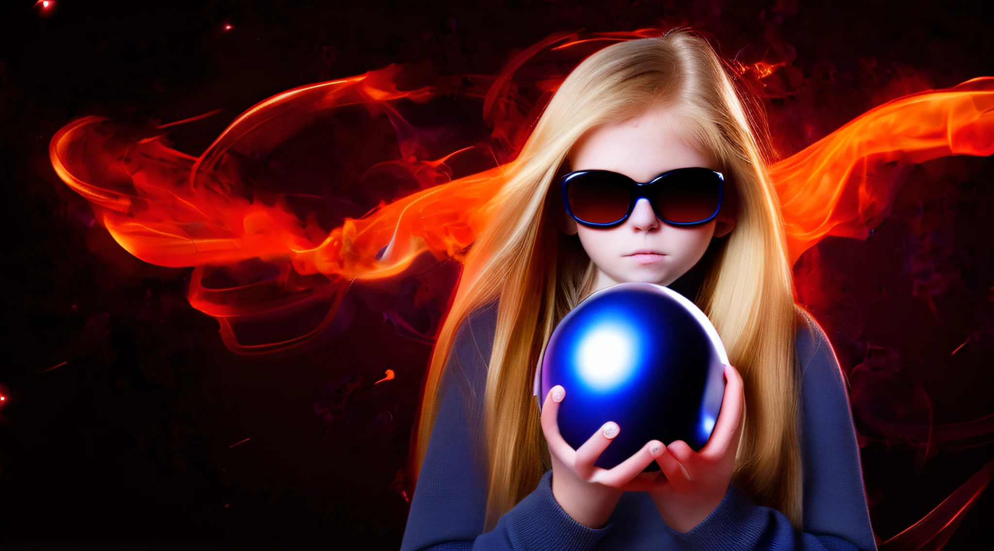 (Blackholeengine:1), WITH SUNGLASSES, WITH LONG BLONDE HAIR, holding a blue ball in her hands with smoke,