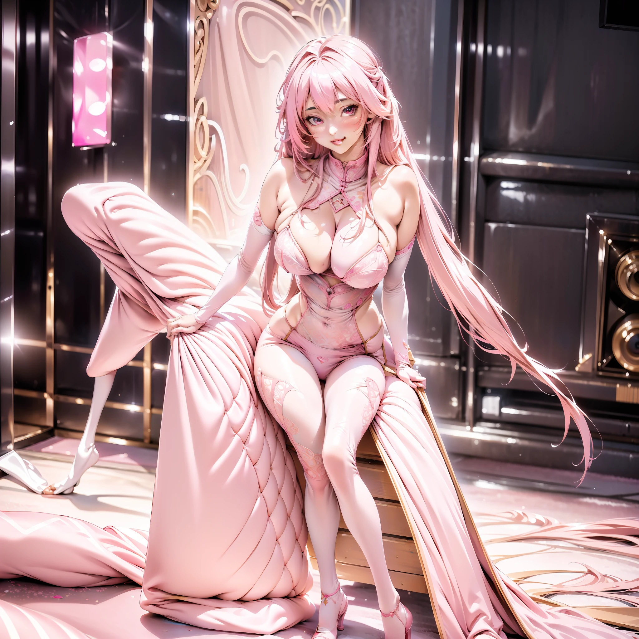 ulzzang-6500-v1.1,(raw photo:1.2),((photorealistic:1.4)),best quality ,masterpiece, illustration, an extremely delicate and beautiful, extremely detailed ,CG ,unity ,8k wallpaper, Amazing, finely detail, official art,extremely detailed CG unity 8k wallpaper,absurdres, incredibly absurdres, huge filesize, ultra-detailed, highres, beautiful detailed girl, extremely detailed eyes and face, beautiful detailed eyes,light on face,cinematic lighting,((extremely pink tight suit clothing)),1girl,full body,full-body shot,looking at viewer,((light pink hair)), red eyes,((bliss)), best detailed background, ((cosplay)), (smile), twintails, ((hold a rifle)),