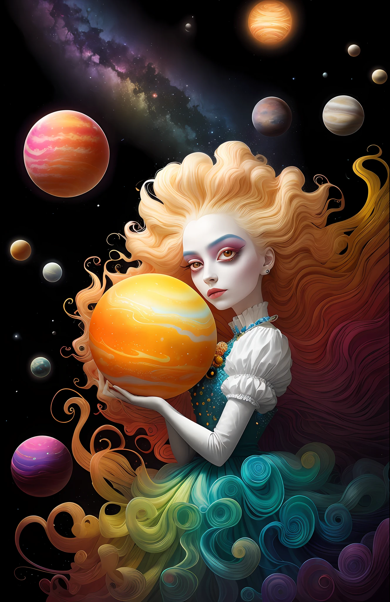 colorpop style, photo photo portrait of the sun surrounded by orbiting planetary moons, blonde pointy hair, natalie shau, mark ryden, alberto seveso, brooke shaden, anna dittmann, flora borsi, 8k resolution, perfect composition, milky way, rainbow color, flying insects, scales, wings, blue, texture, complex, gorgeous, shadow, pastel colors, 3d, Highly detailed, decorated in style, Tim Burton, Dale Chihuly, Xiaolongcheng, Cyril Rolando, by J. Gigue