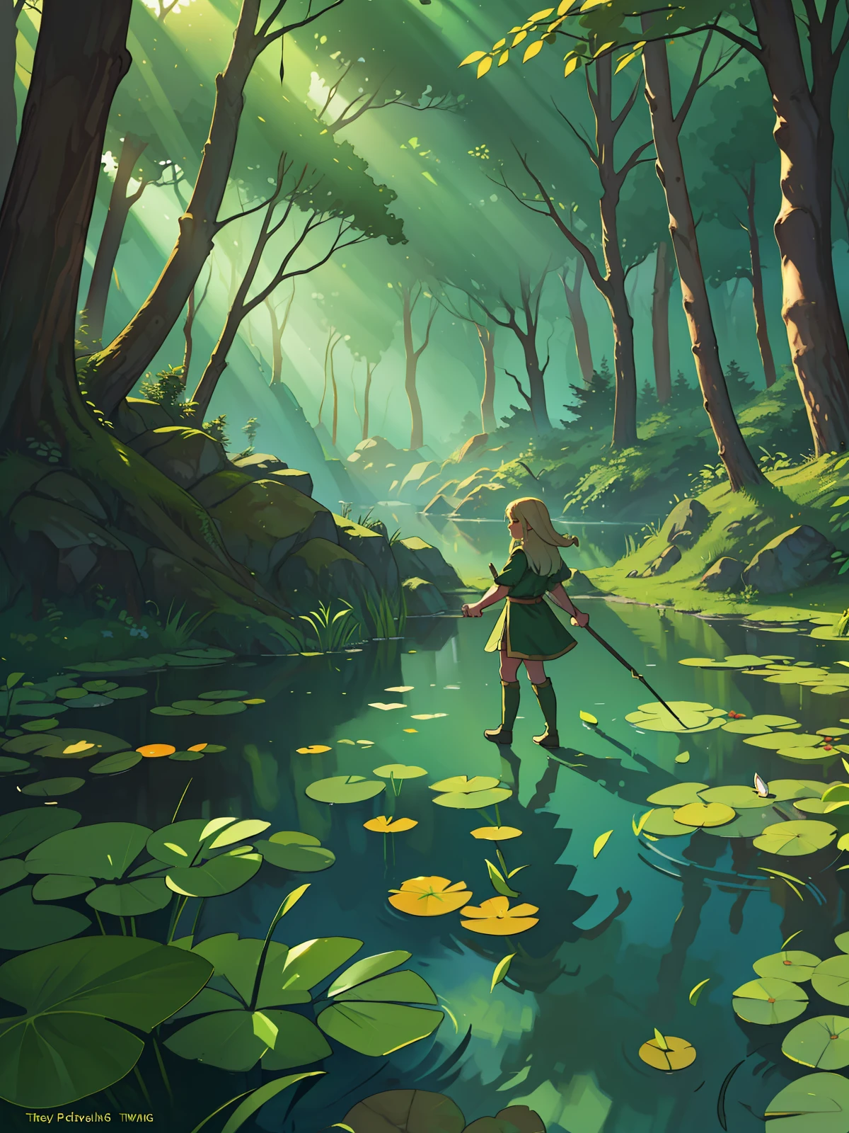 (best quality, masterpiece: 1.3) 5 elves, forest, side view, wide angle, focus to forest, pond, (rendering of natural light, light and shadows) (motion effects)