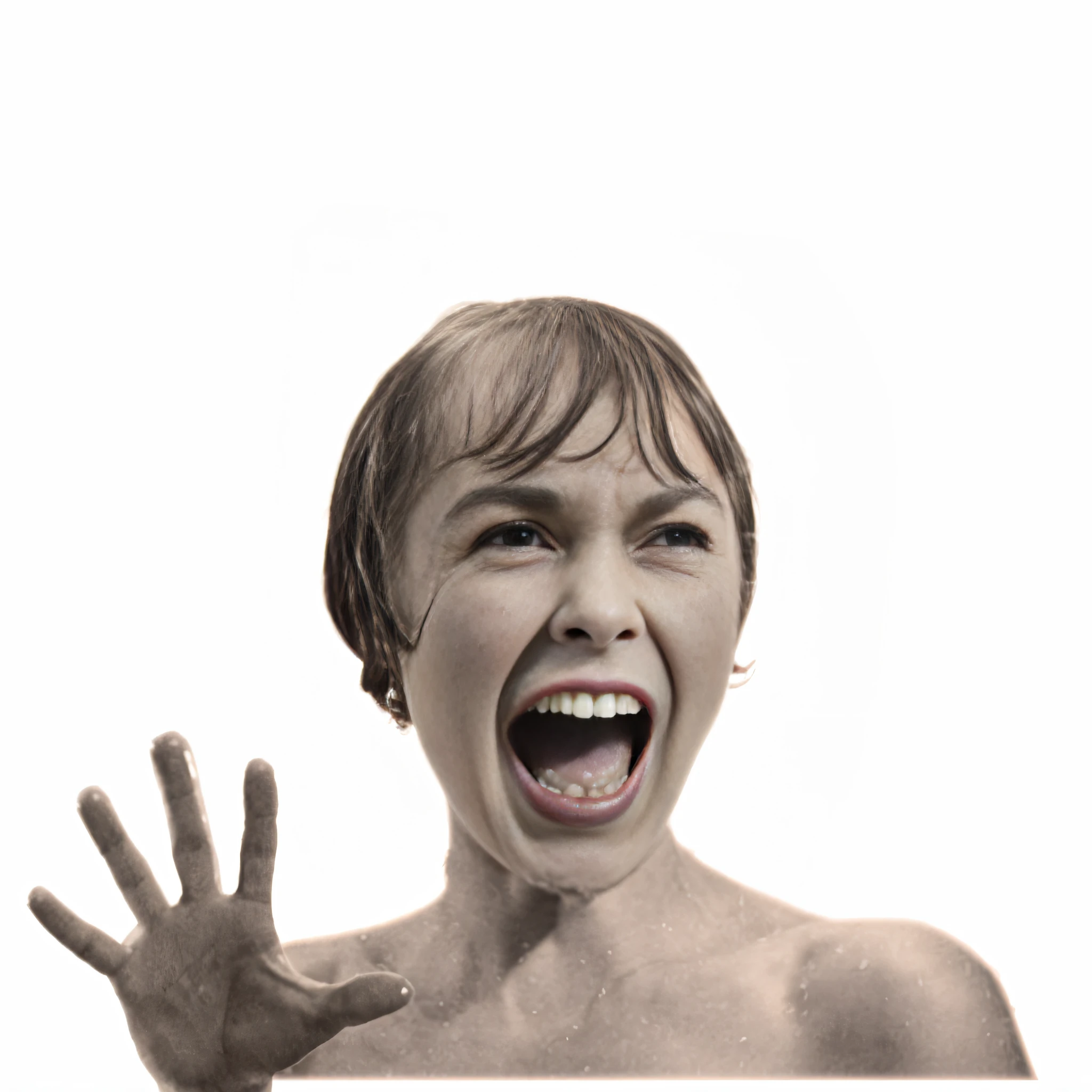 Woman with her hands up, screaming. Unrealistic, Audrey Hepburn in a horror novel, screaming, someone is screaming, psychopath, despair, intense, fear, scared face, better image
