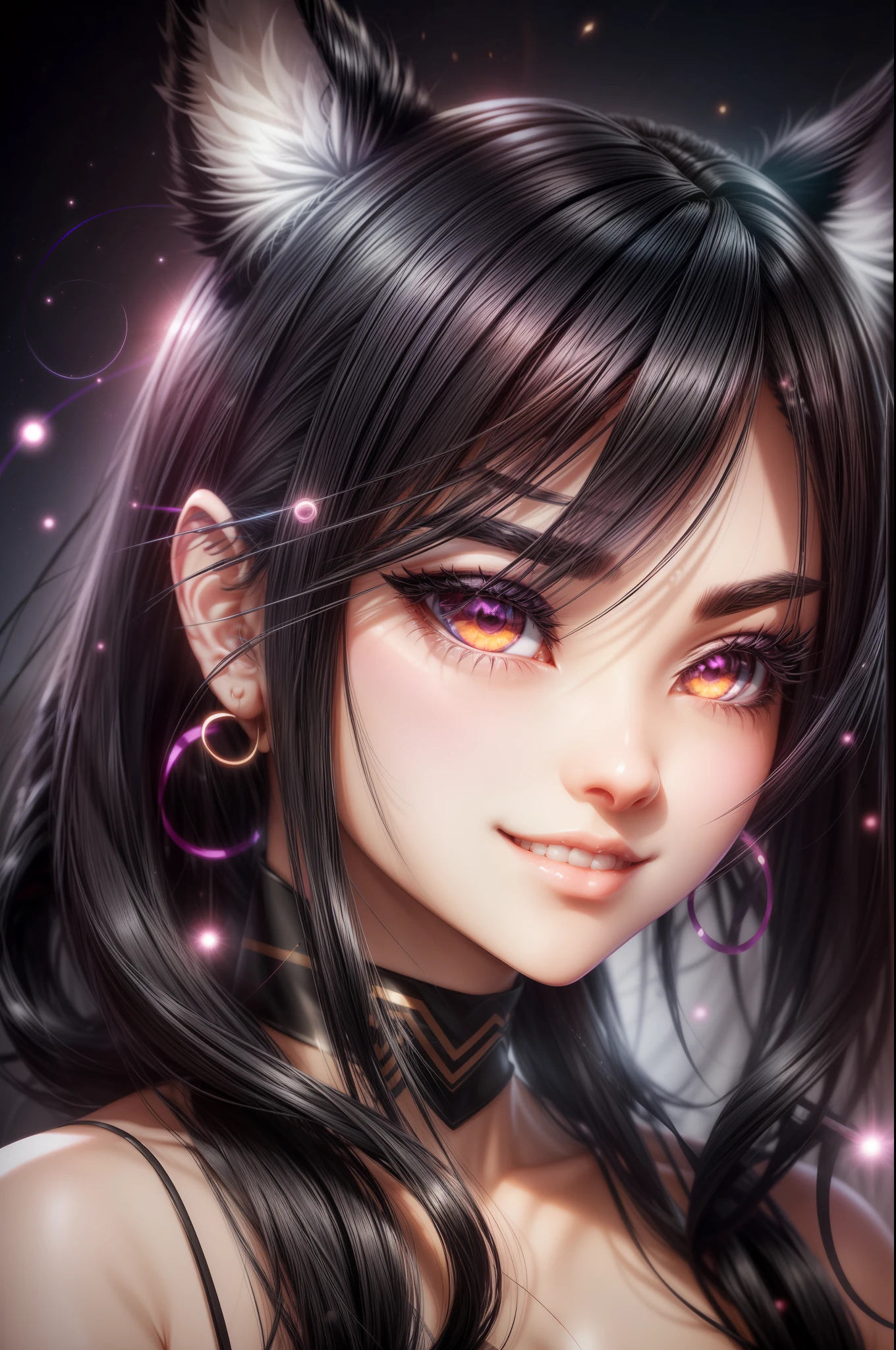 black hair, hair bobbles, wince, longeyelashes, solid circle eyes, fake animal ears, light smile, ear blush, fang, Surrealism, drop shadow, anaglyph, stereogram, tachi-e, pov, atmospheric perspective, 8k, super detail, ccurate, best quality --auto --s2