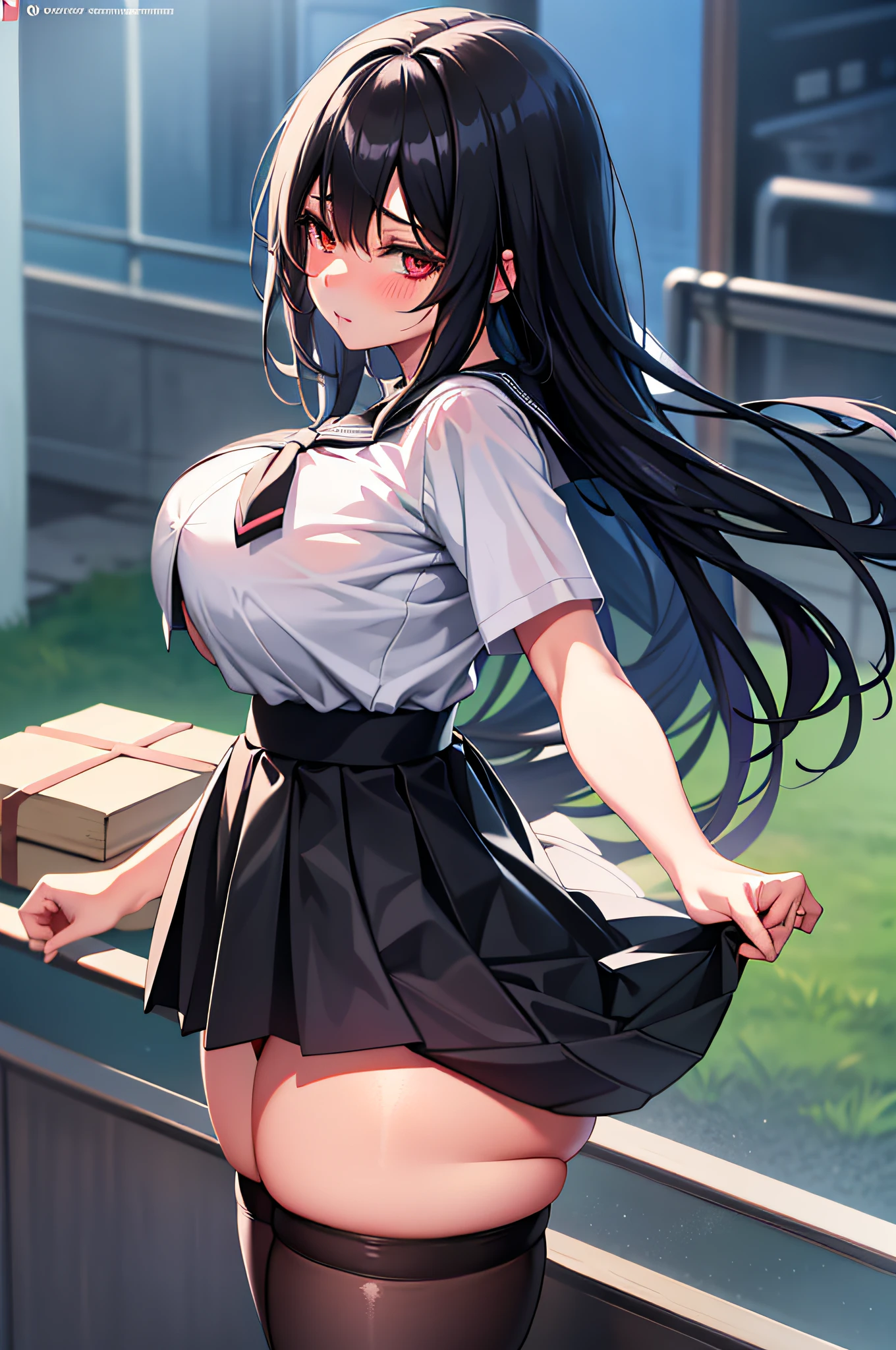 High school girl, huge breasts, untied long black hair, long black hair, twisted eyes, long eyelashes, nice and cute huge breasts, white underwear and skirt, sexy pose showing underwear shorts, big boobs, thighs, anime style , beautiful anime schoolgirl, surreal schoolgirl, surreal schoolgirl, mesmerizing anime girl, realistic schoolgirl, big boobs emphasized, naughty anime style, naughty thighs, naughty thighs, smooth anime CG art, surreal school girl, seductive anime girl, realistic school girl, smooth anime CG art, anime girl, beautiful anime school girl, beautiful anime girl, beautiful alluring anime girl, ecchi anime style, photorealistic rendering of anime girl, big ass, censored ass