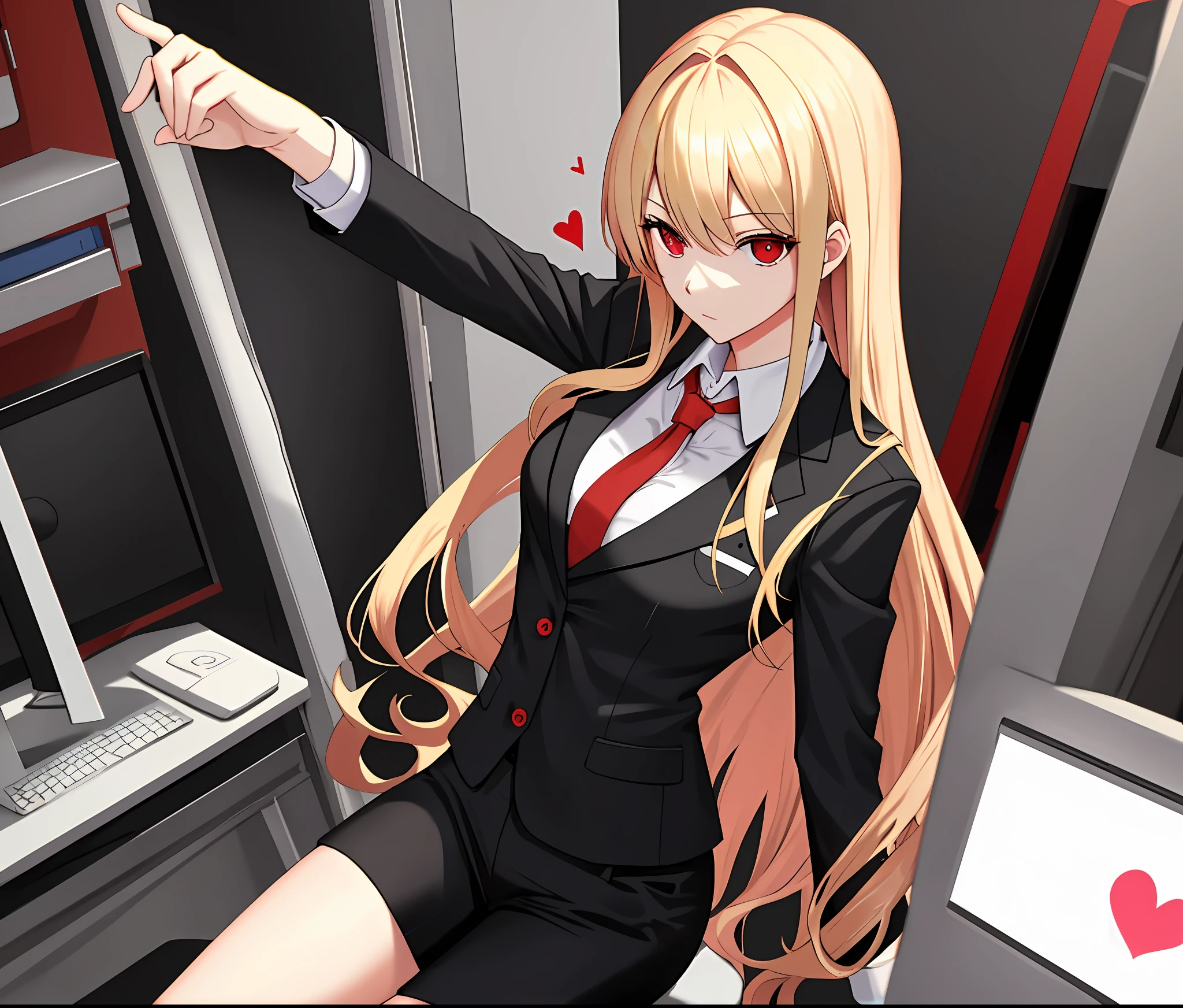 Blonde, red eyes, heart pupil, slender figure, office suit
