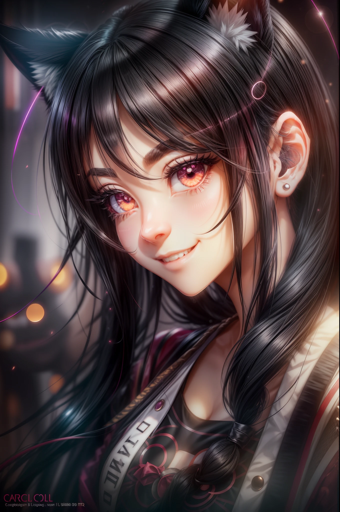 black hair, hair bobbles, wince, longeyelashes, solid circle eyes, fake animal ears, light smile, ear blush, fang, Surrealism, drop shadow, anaglyph, stereogram, tachi-e, pov, atmospheric perspective, 8k, super detail, ccurate, best quality --auto --s2