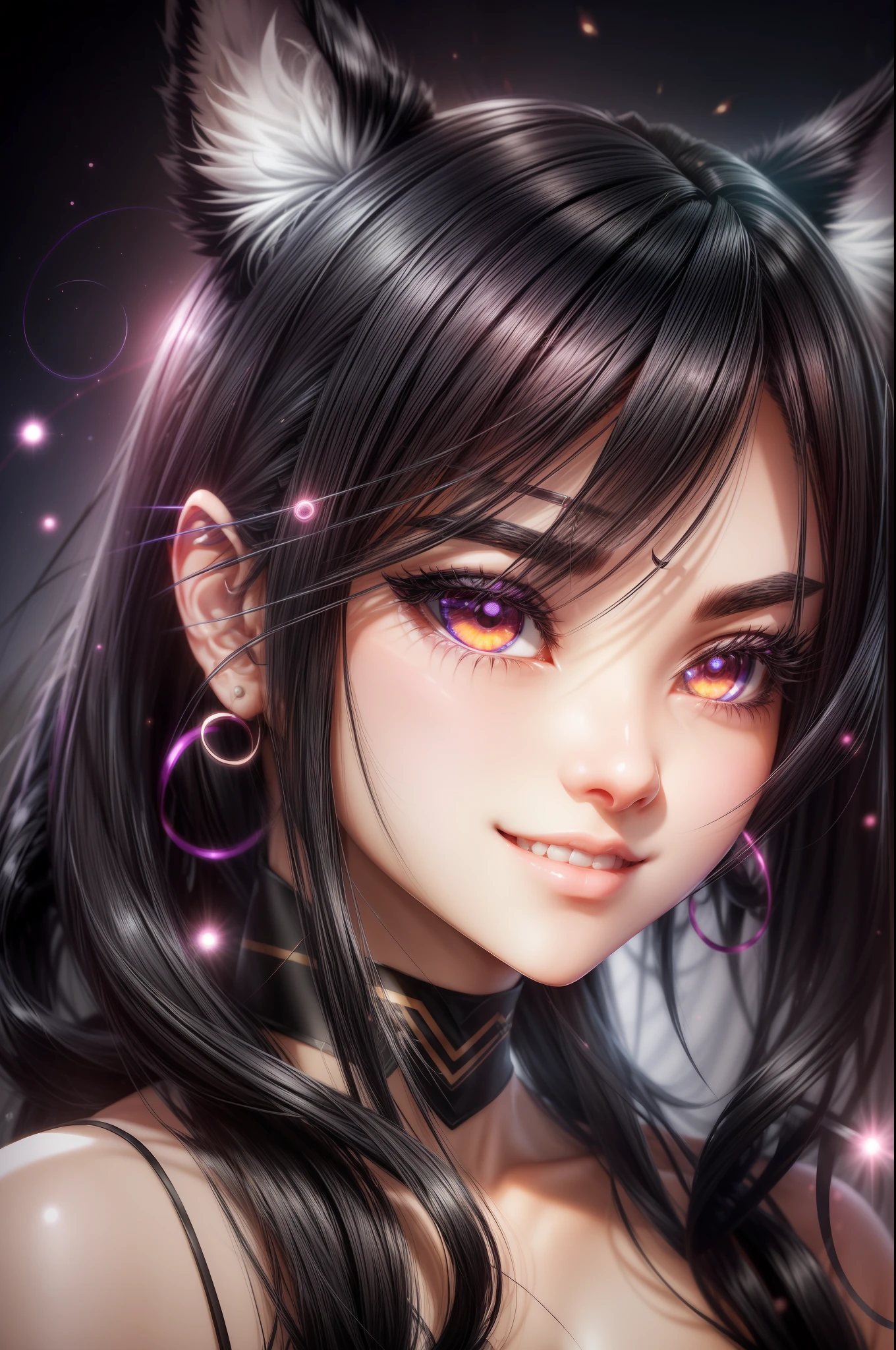 black hair, hair bobbles, wince, longeyelashes, solid circle eyes, fake animal ears, light smile, ear blush, fang, Surrealism, drop shadow, anaglyph, stereogram, tachi-e, pov, atmospheric perspective, 8k, super detail, ccurate, best quality --auto --s2