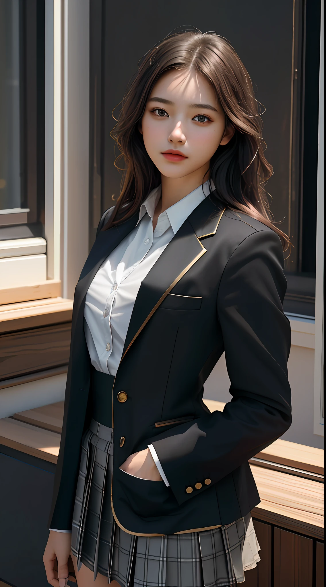 Top Quality, Masterpiece, 1 Girl, Beautiful Face, (Photorealistic Picture:1.3), Rim Lighting, (High Detail Skin:1.2), 8K UHD, DSLR, High Quality, High Resolution, 4K, 8K, Bokeh, Absurdity, Best Ratio Four Fingers and One Thumb, (Real:1.3), Small Face, Cute One Girl, Black Formal Blazer, Middle Breast, Short Skirt,Office