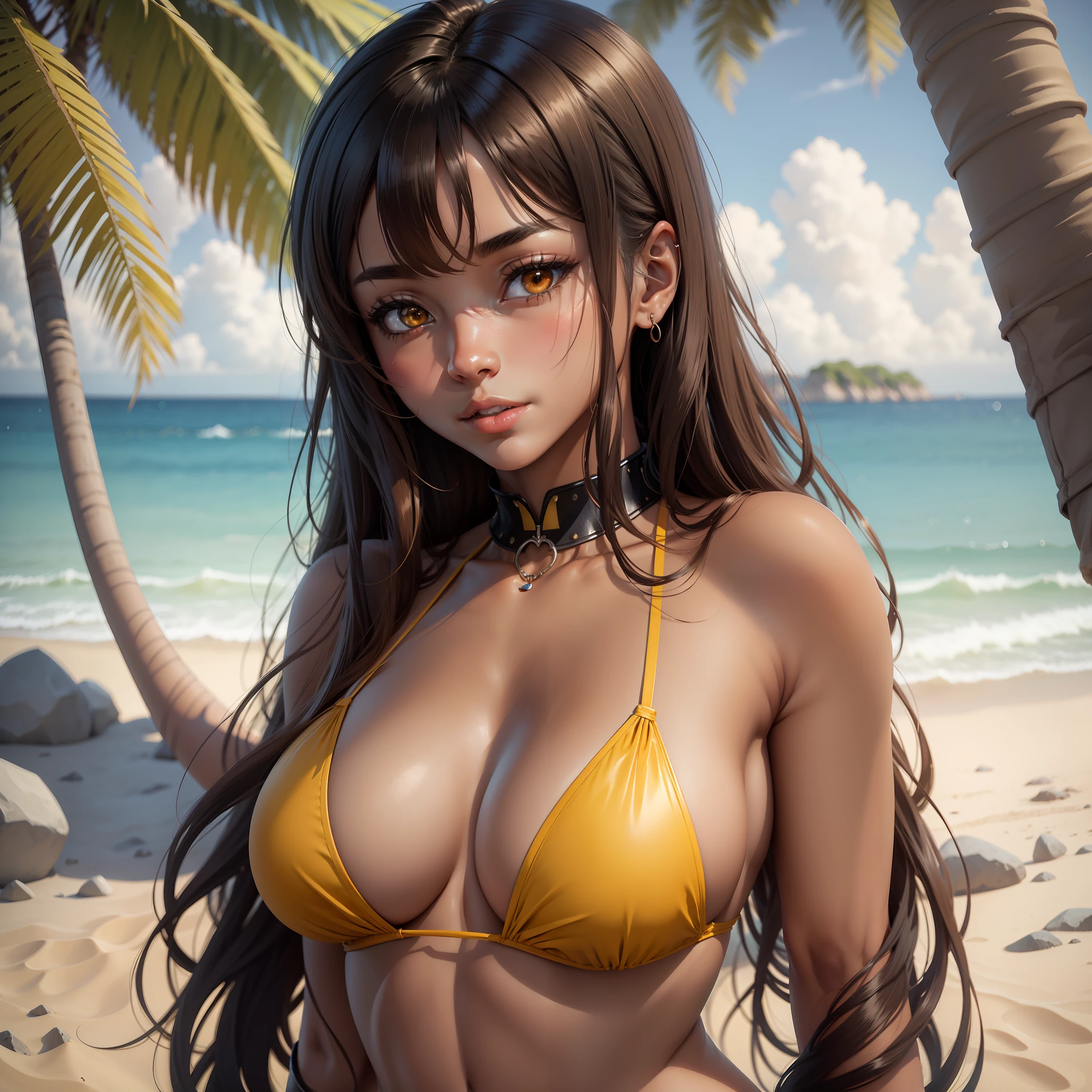 {High detailing, high quality, masterpiece, Artstation, pixiv, Anime Art 4k, cg art, SFW version} A brunette anime girl, brown skin, dark skin [dark skin: 1.5] anime girl with black hair with yellow locks, black hair with merella locks, anime-style girl, striking a sensual pose, wearing a red bikini, posing in a red bikini glued to the body, detailed body, tabby body, large thighs, large hips, thin waist [large breasts: 2.0],  full breasts, large breasts, yellow eyes, wind influence, [Background: beach, sea, rocks, blue sky, daytime], Expression: Happy, smiling [eyes color: honey], multicolored hair, yelow black hair, blonde hair, light brown hair, Surrealism, Conceptual art, high detail, anime, Pop art, Hyperrealism, anime style, depth of field, cinematic lighting, ray tracing, reflection light, UHD, masterpiece, textured skin,  super detail, high details, high quality, best quality, 8k, anatomically correct
