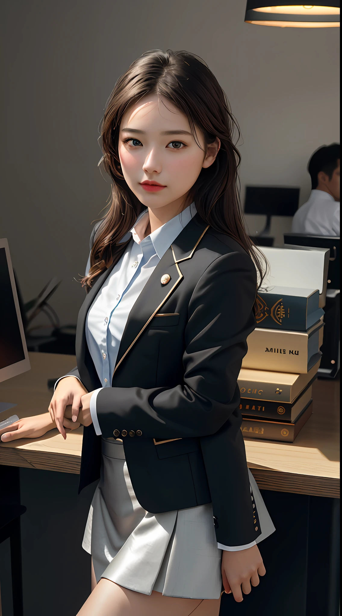 Top Quality, Masterpiece, 1 Girl, Beautiful Face, (Photorealistic Picture:1.3), Rim Lighting, (High Detail Skin:1.2), 8K UHD, DSLR, High Quality, High Resolution, 4K, 8K, Bokeh, Absurdity, Best Ratio Four Fingers and One Thumb, (Real:1.3), Small Face, Cute One Girl, Black Formal Blazer, Middle Breast, Short Skirt,Office