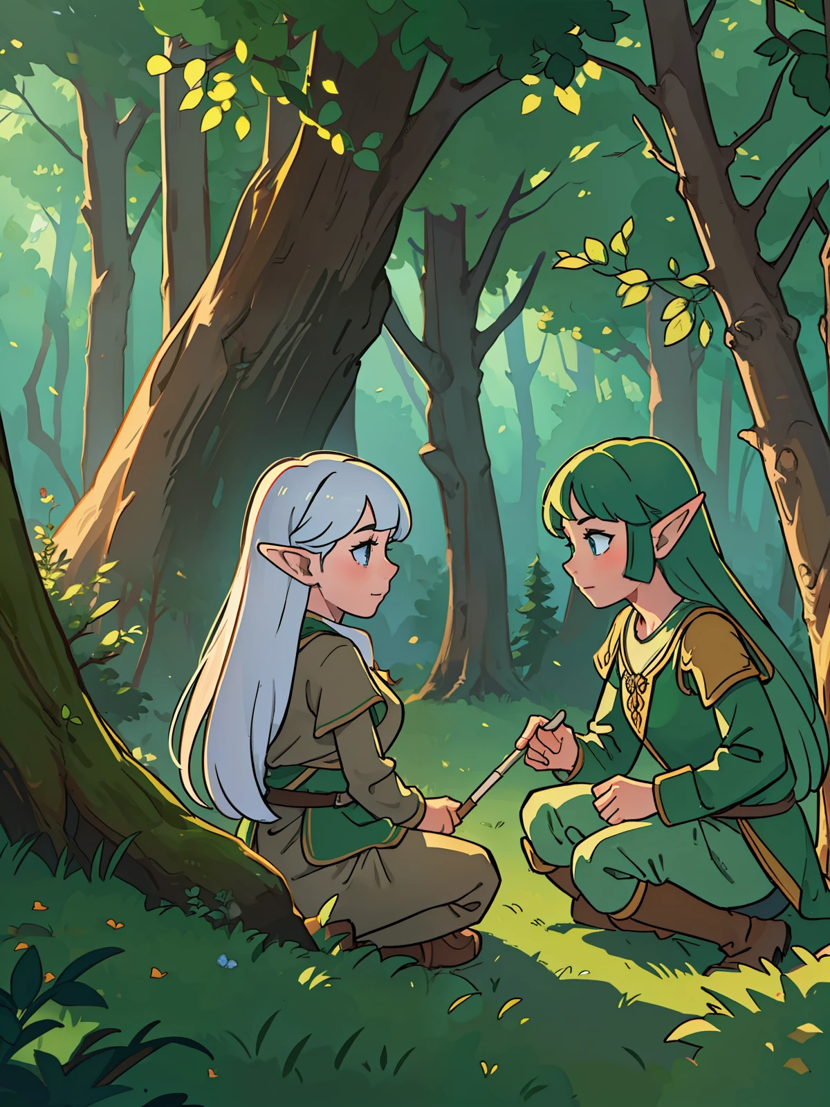 (best quality, masterpiece: 1.3) 5 elves, forest, side view, wide angle (rendering of natural light, light and shadows) (motion effects)