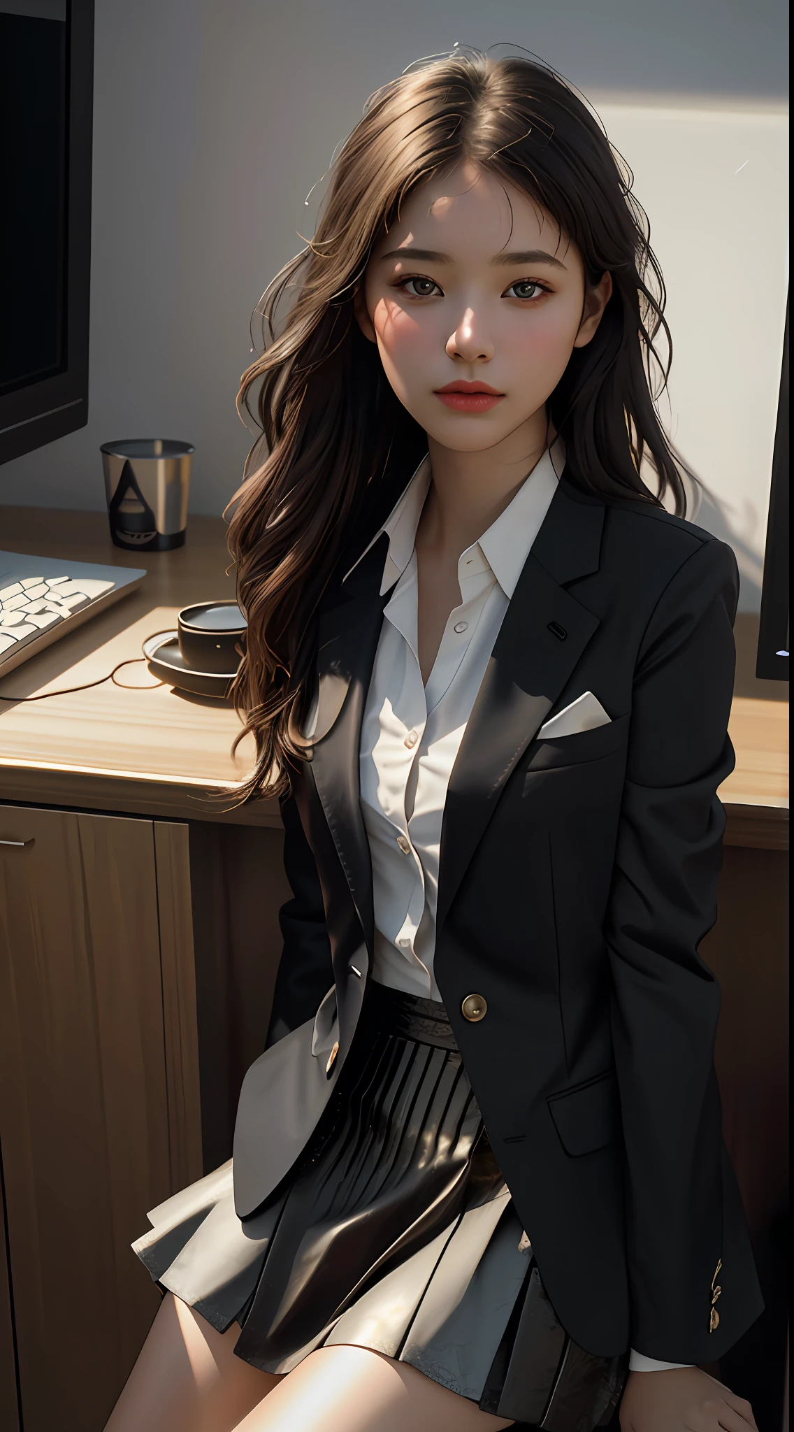 Top Quality, Masterpiece, 1 Girl, Beautiful Face, (Photorealistic Picture:1.3), Rim Lighting, (High Detail Skin:1.2), 8K UHD, DSLR, High Quality, High Resolution, 4K, 8K, Bokeh, Absurdity, Best Ratio Four Fingers and One Thumb, (Real:1.3), Small Face, Cute One Girl, Black Formal Blazer, Middle Breast, Short Skirt,Office