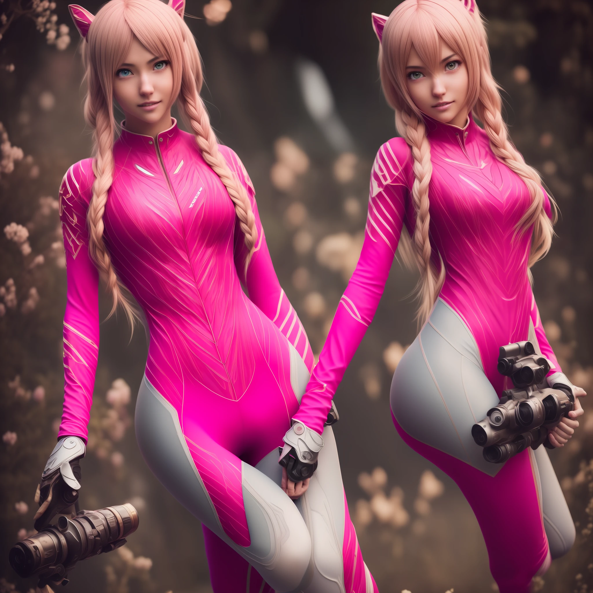 ulzzang-6500-v1.1,(raw photo:1.2),((photorealistic:1.4)),best quality ,masterpiece, illustration, an extremely delicate and beautiful, extremely detailed ,CG ,unity ,8k wallpaper, Amazing, finely detail, official art,extremely detailed CG unity 8k wallpaper,absurdres, incredibly absurdres, huge filesize, ultra-detailed, highres, beautiful detailed girl, extremely detailed eyes and face, beautiful detailed eyes,light on face,cinematic lighting,((extremely pink tight suit clothing)),1girl,full body,full-body shot,looking at viewer,((light pink hair)), red eyes,((bliss)), best detailed background, ((cosplay)), (smile), twintails, ((hold a rifle)),