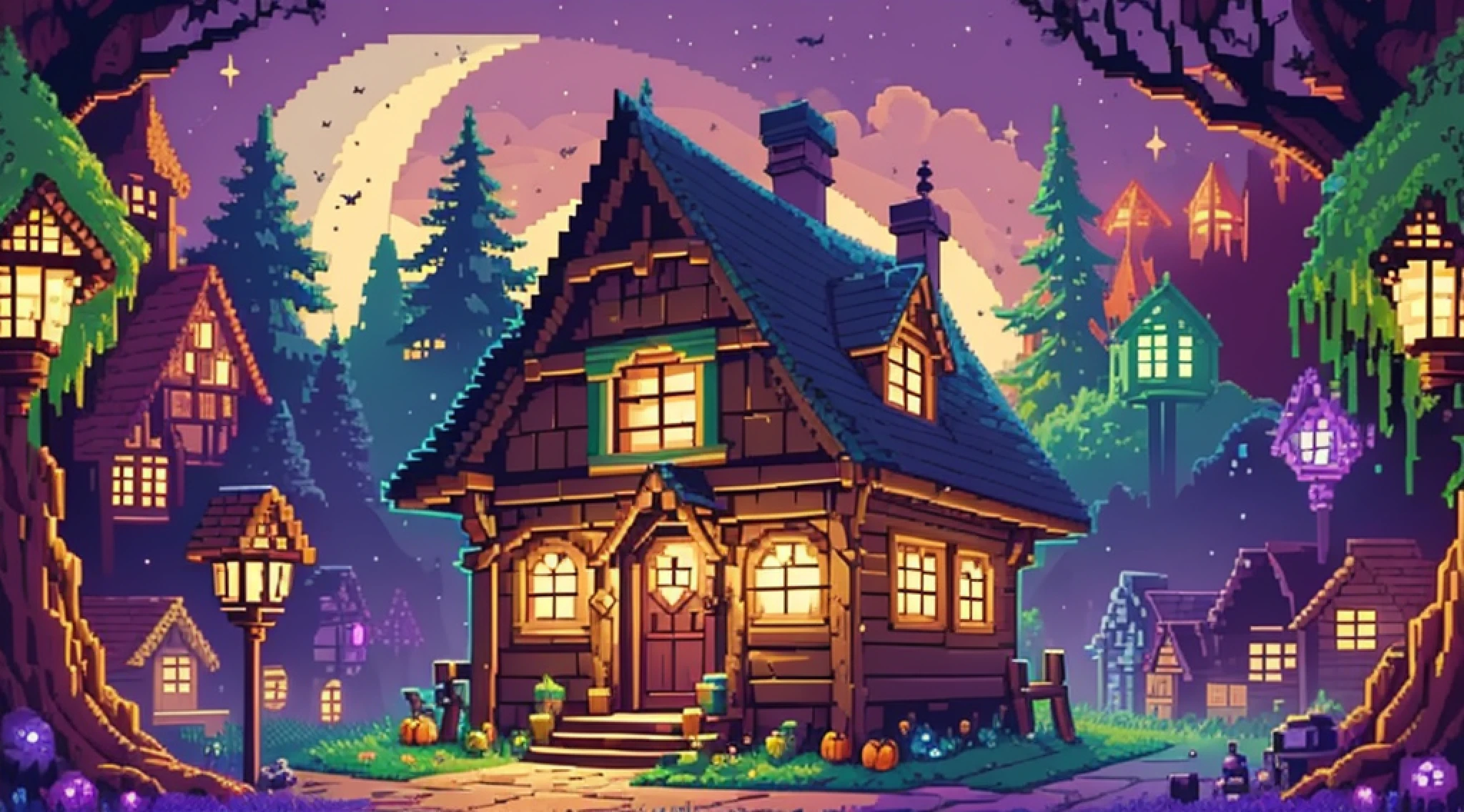 pixelart, retro,mystical forest, detailed, pixel style, witch cabin house, halloween theme, spirits, ghosts, potions, beautiful, high quality, masterpiece, fantasy, magical, creatures, cute monsters, pixel art, pixel, voxel, 8-bit, 16-bit, isometric, game asset, game character, stardew valley, maple story, official art, night time, full moon, dark sky with sparkly stars and moon