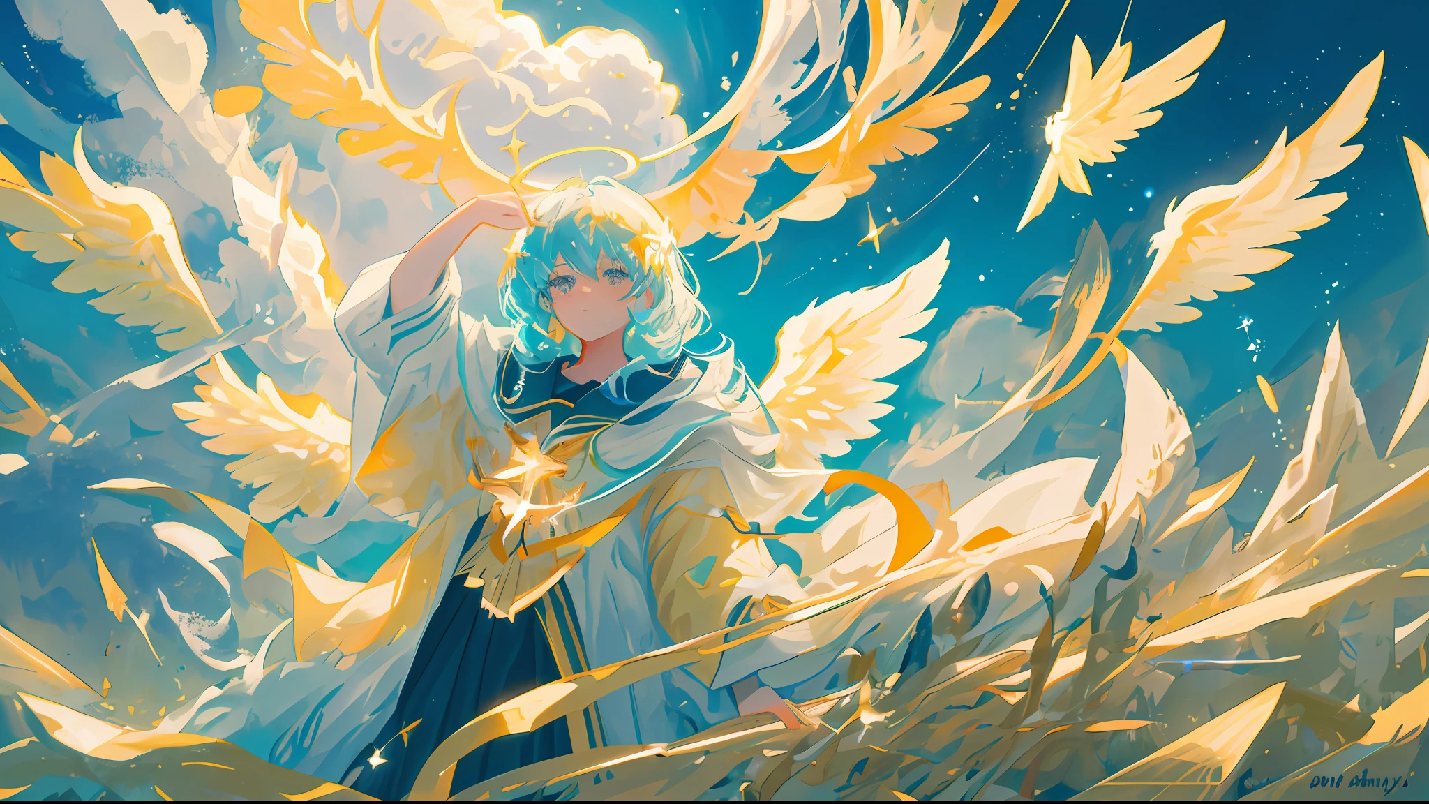 you will see a starry sky full of brightness and magic. In the center, stands the image of a radiant angel, with majestic wings and a luminous aura around him. The word "Angels" is written in golden letters, underscoring its importance. In the background, there is a stunning celestial landscape, with soft clouds and shades of sky blue.