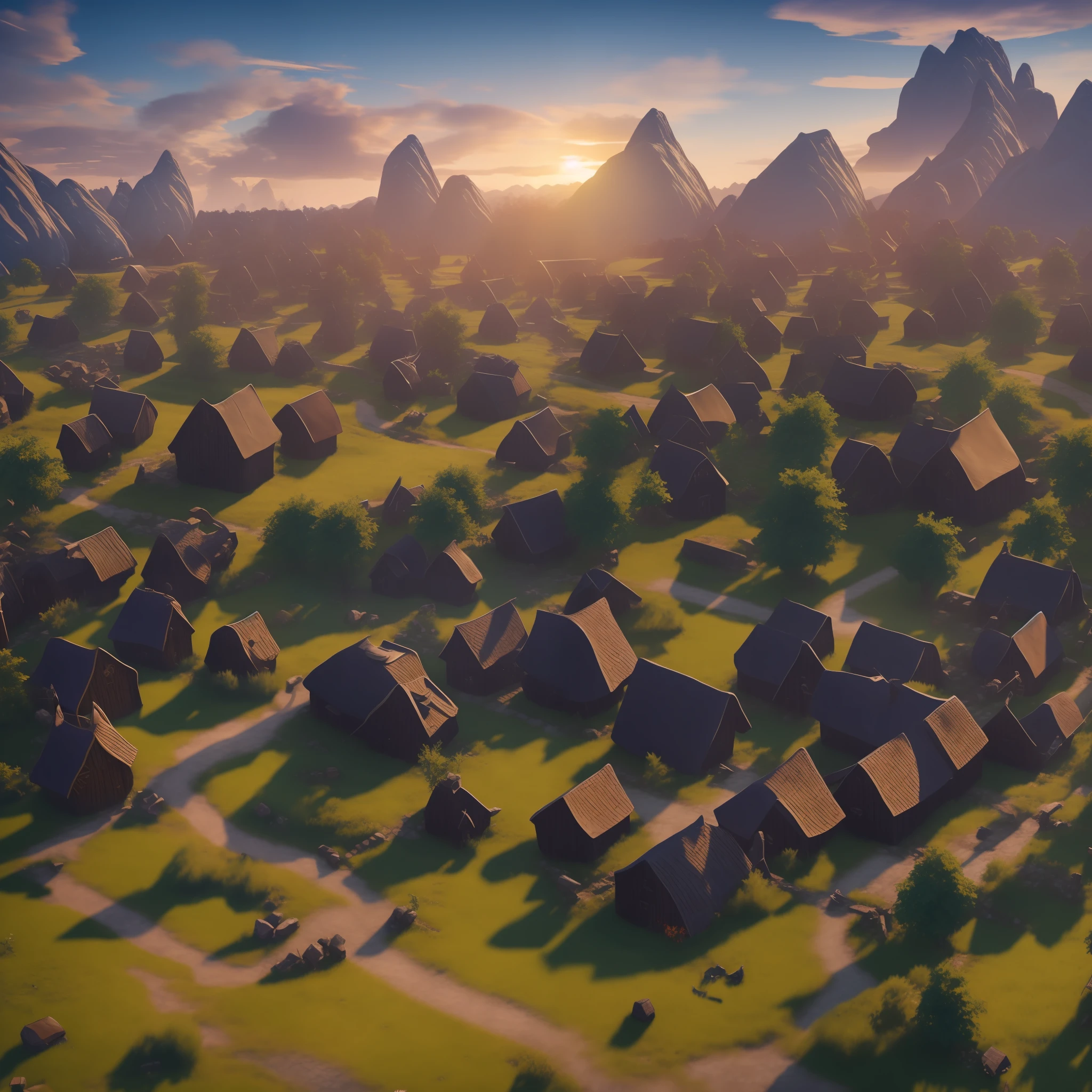 landscape, medieval fantasy, nordic fantasy, village, 8k, wooden houses, working villagers, medieval dragon flying in the sky, realistic, 8k, mythology, viking style, high quality, dawning, detailed, vegetation, best quality, unreal engine, people in village