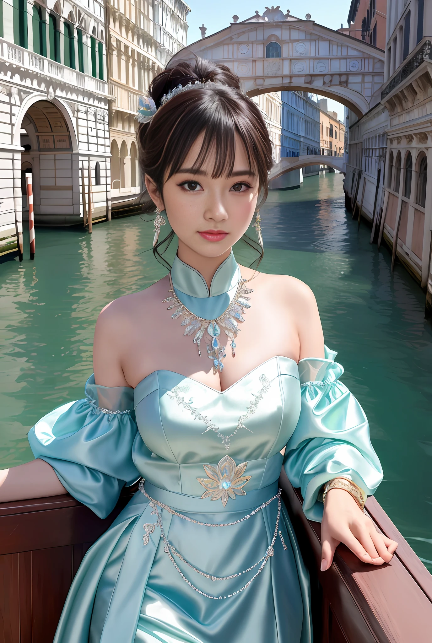 modelshoot style, (extremely detailed CG unity 8k wallpaper), full shot body photo of the most beautiful artwork in the world, stunningly beautiful photo realistic cute women, a hyper realistic ultra detailed photograph of a beautiful girl as a female 2020s dancer on the boat of 2020s Venice,(Bridge Of Sighs background),(princess eyes,shiny pupils), detailed symmetric beautiful hazel eyes, detailed gorgeous face,highly detailed, vibrant,professional majestic oil painting by Ed Blinkey, Atey Ghailan, Studio Ghibli, by Jeremy Mann, Greg Manchess, Antonio Moro, trending on ArtStation, trending on CGSociety, Intricate, High Detail, Sharp focus, dramatic, photorealistic painting art by midjourney and greg rutkowski