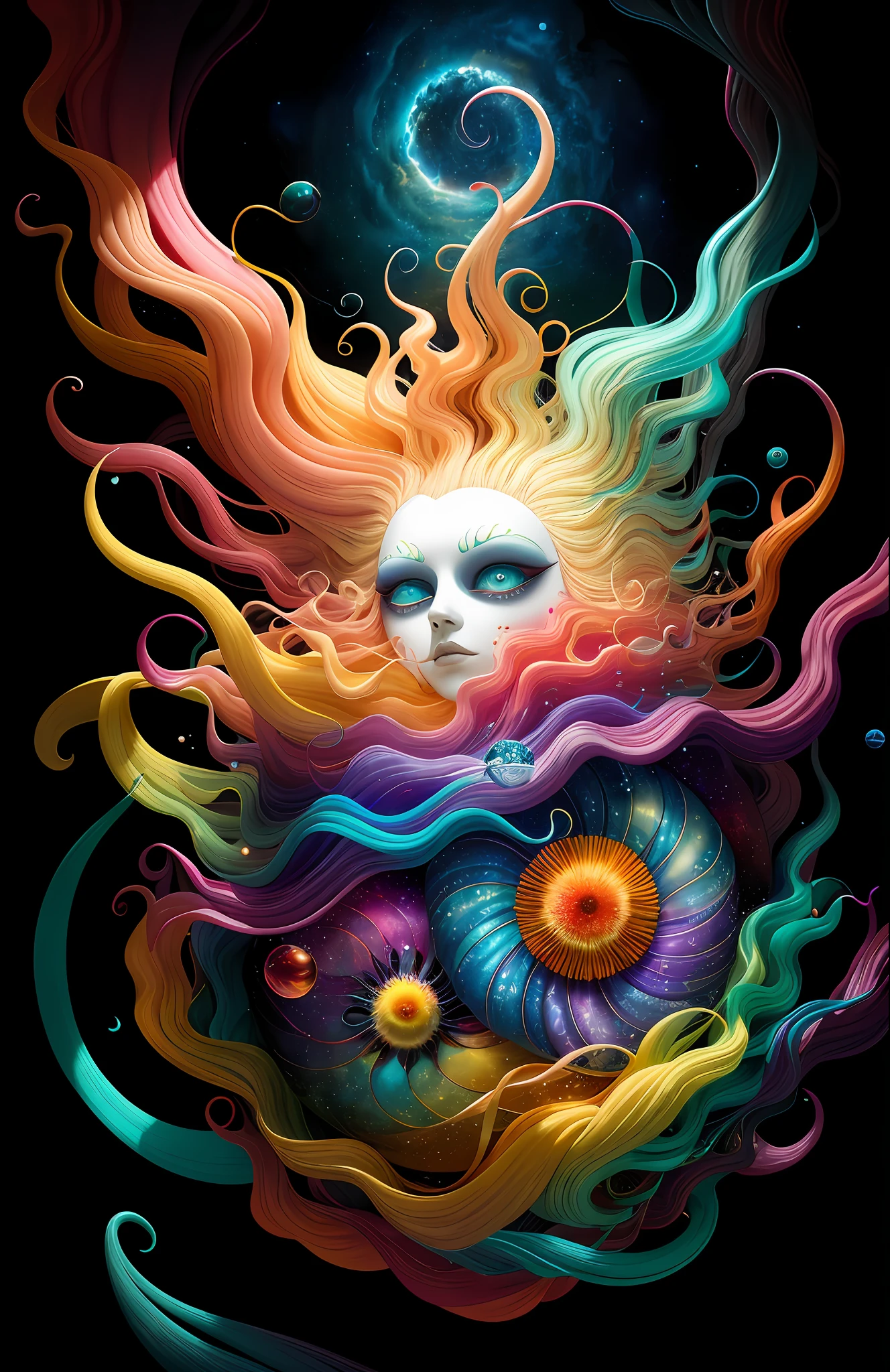 colorpop style, photo photo portrait of the sun surrounded by orbiting planetary moons, blonde pointy hair, natalie shau, mark ryden, alberto seveso, brooke shaden, anna dittmann, flora borsi, 8k resolution, perfect composition, milky way, rainbow color, flying insects, scales, wings, blue, texture, complex, gorgeous, shadow, pastel colors, 3d, Highly detailed, decorated in style, Tim Burton, Dale Chihuly, Xiaolongcheng, Cyril Rolando, by J. Gigue
