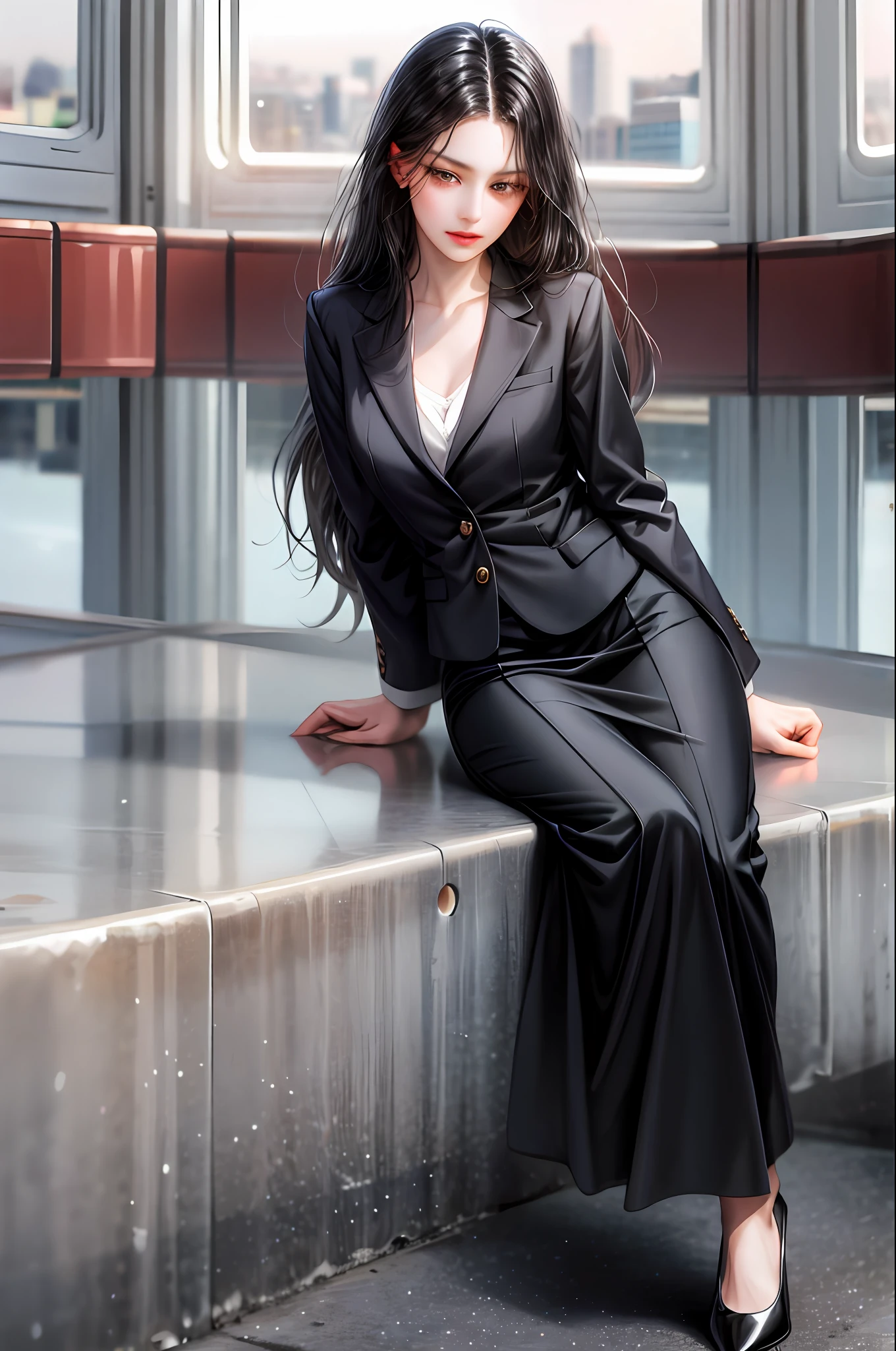 Girl with long straight black hair and brown eyes, beautiful, thin, flat, tall, wearing a businesswoman's uniform