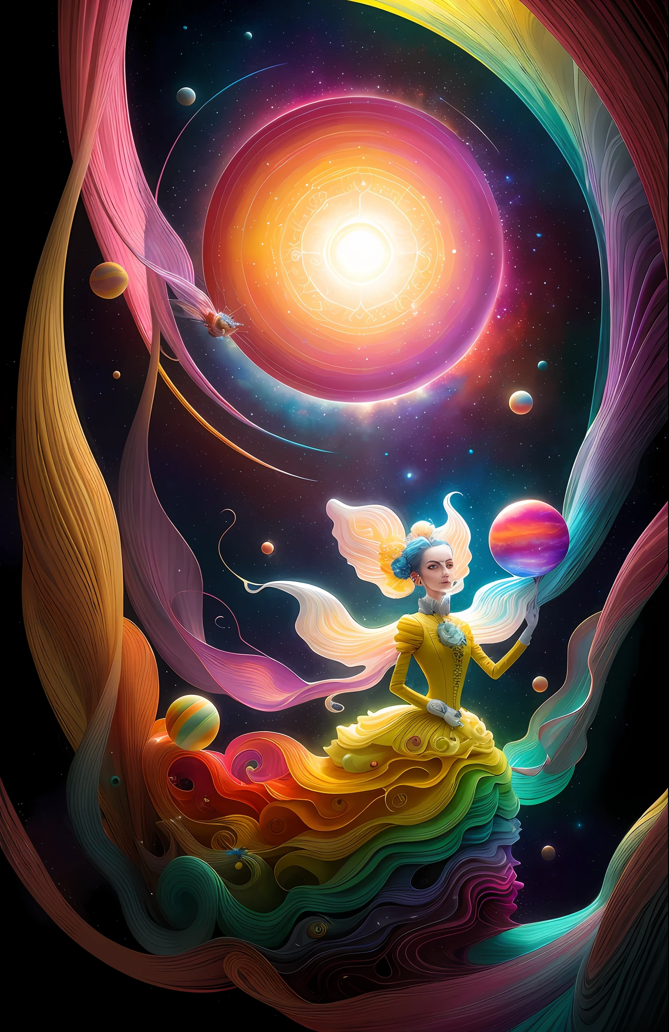 colorpop style, photo photo portrait of the sun surrounded by orbiting planetary moons, blonde pointy hair, natalie shau, mark ryden, alberto seveso, brooke shaden, anna dittmann, flora borsi, 8k resolution, perfect composition, milky way, rainbow color, flying insects, scales, wings, blue, texture, complex, gorgeous, shadow, pastel colors, 3d, Highly detailed, decorated in style, Tim Burton, Dale Chihuly, Xiaolongcheng, Cyril Rolando, by J. Gigue