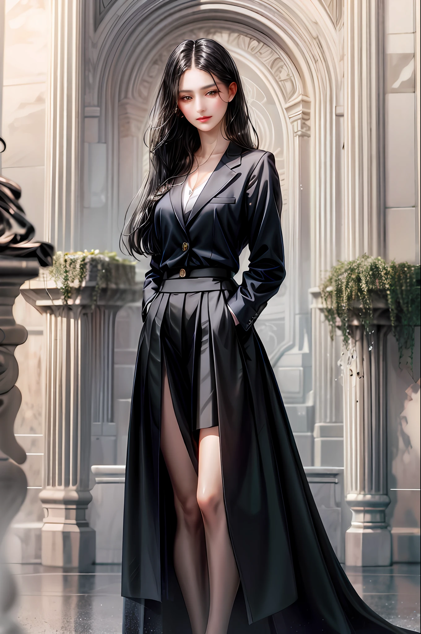 Girl with long straight black hair and brown eyes, beautiful, thin, flat, tall, wearing a businesswoman's uniform