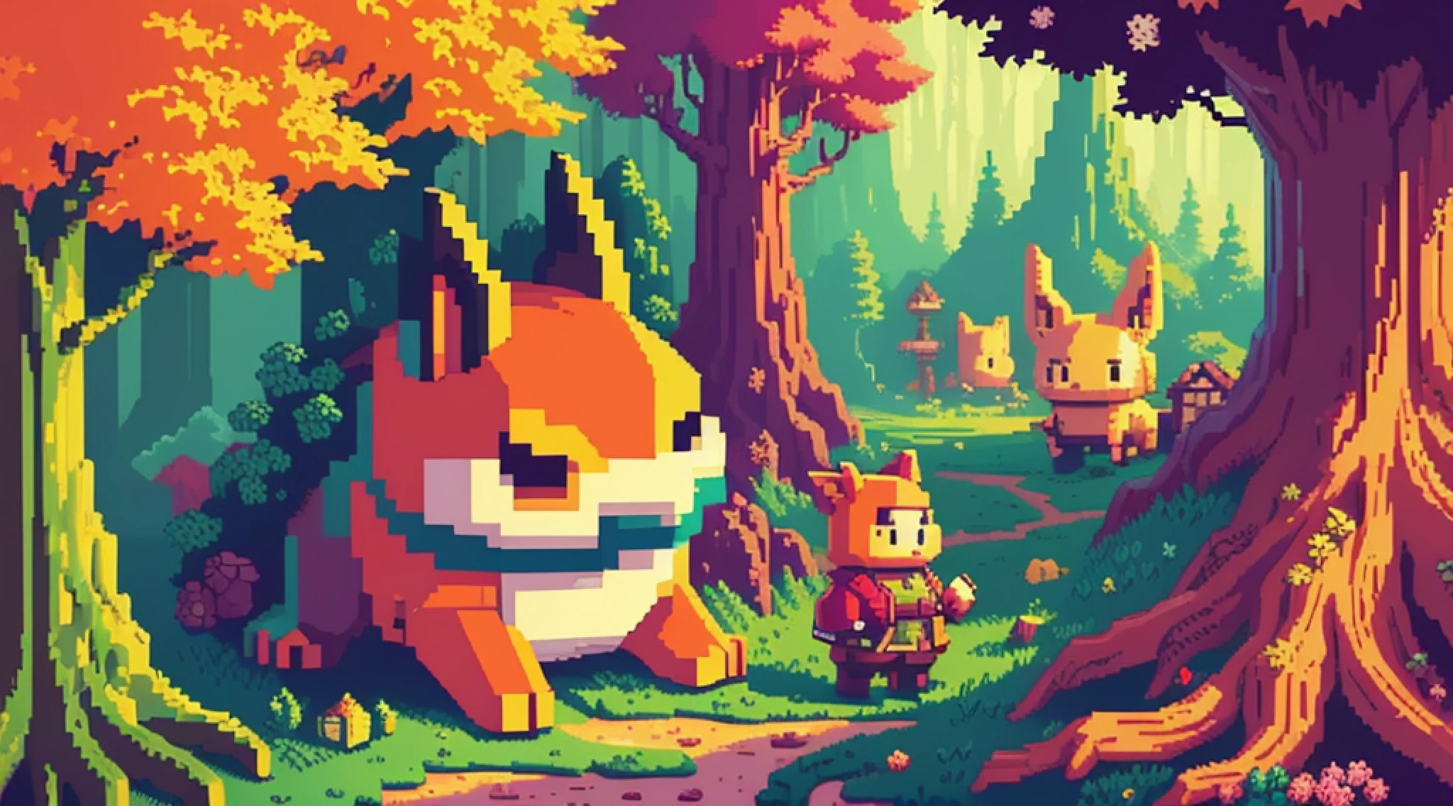 pixelart, retro,mystical forest, detailed, pixel style, amazing landscape, beautiful, high quality, masterpiece, fantasy, magical, creatures, cute monsters, pixel art, pixel, voxel, 8-bit, 16-bit, isometric, game asset, game character, stardew valley, maple story, official art