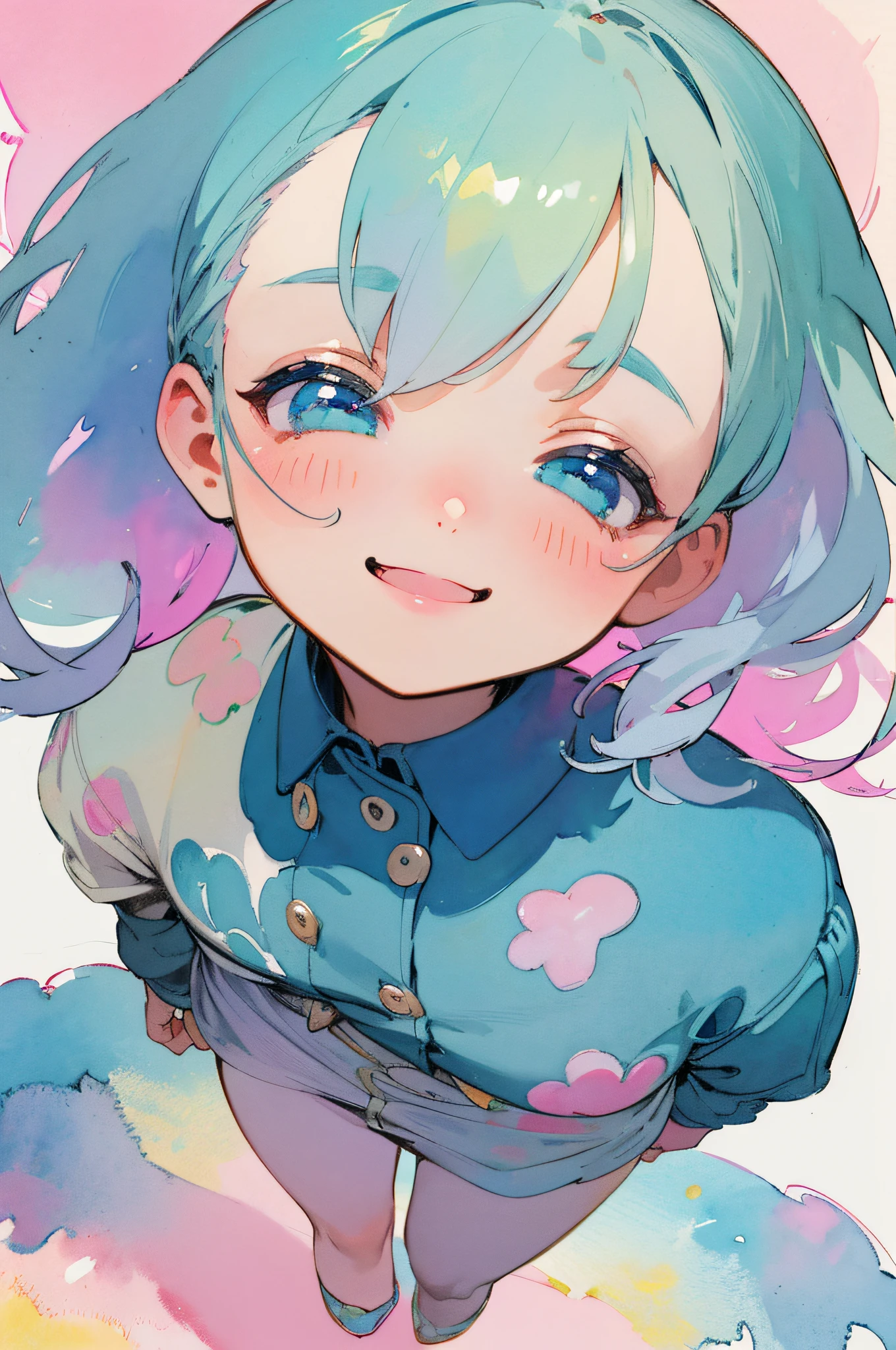 (Pastel color:1.1), (colorful:1.2), (masterpiece:1.35), (cute illustration:1.5), best quality, original, (smile), pop, lovely, sweet, beautiful and cute girl, extremely detailed beautiful face and eyes, (watercolor:1.2),(full body:1.2), (close both eyes:1.1),