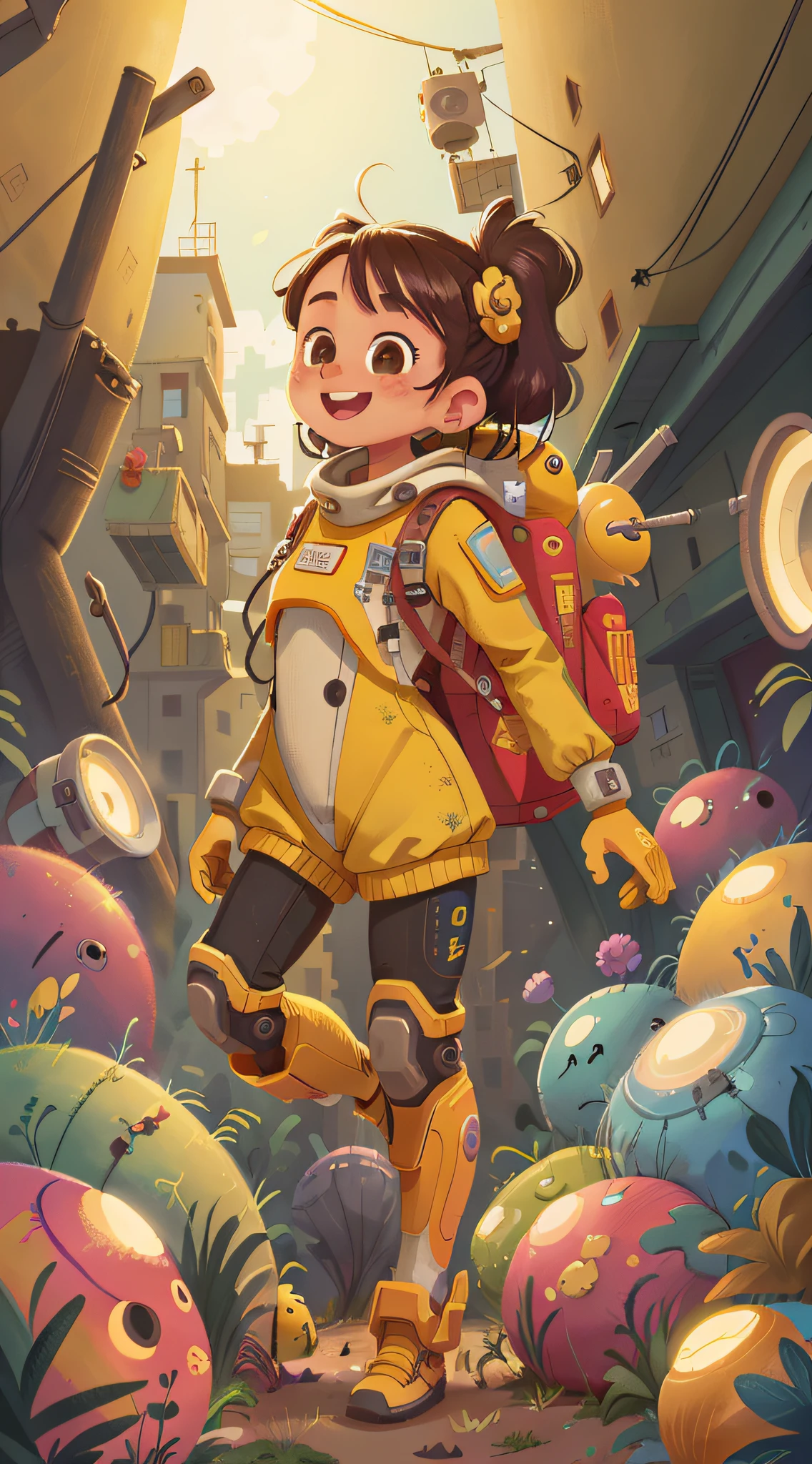 Gorgeous smile, teeth showing, blue sky, blue lighting. (Scifi) (futuristic) A girl , space adventure, (yellow space suit), backpack, abandoned city, power cables, dirt, garbage, abandoned old house in the background, happy, happy, perfect quality, clear focus (clutter - house: 0.8), (masterpiece: 1.2) (realistic: 1.2) (bokeh) (best quality) (detailed skin: 1.3) (complex details) (8K) (detail eyes) (sharp focus), (happy), (full body) (proportional whole body) (yellow spacesuit),  clean background, long view composition, 85MM SHOT