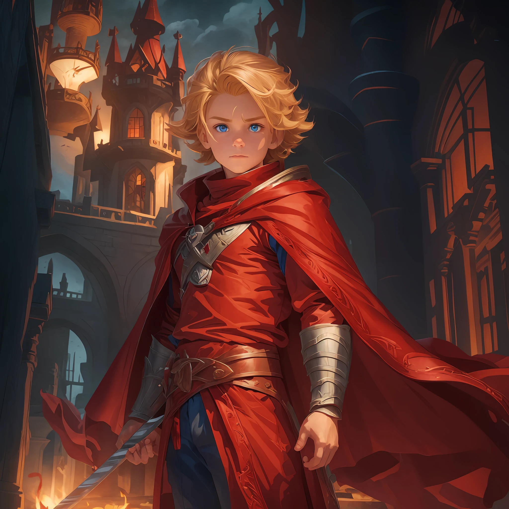 Hero-like character, with red cape, blonde hair, blue eye, for children's book story with title The Little Hero in the Goblin Forest s --auto --s2