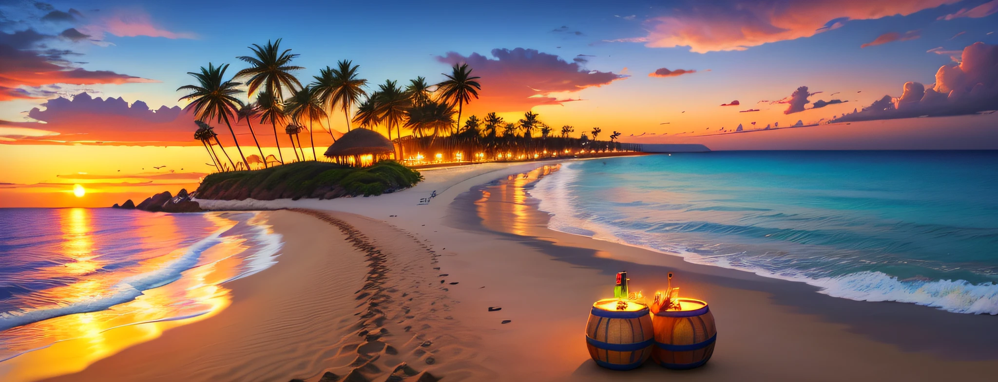 a tropical beach, palm trees, calm sea, glasses of caipirinha on the sand, some wine wood barrels, sunset