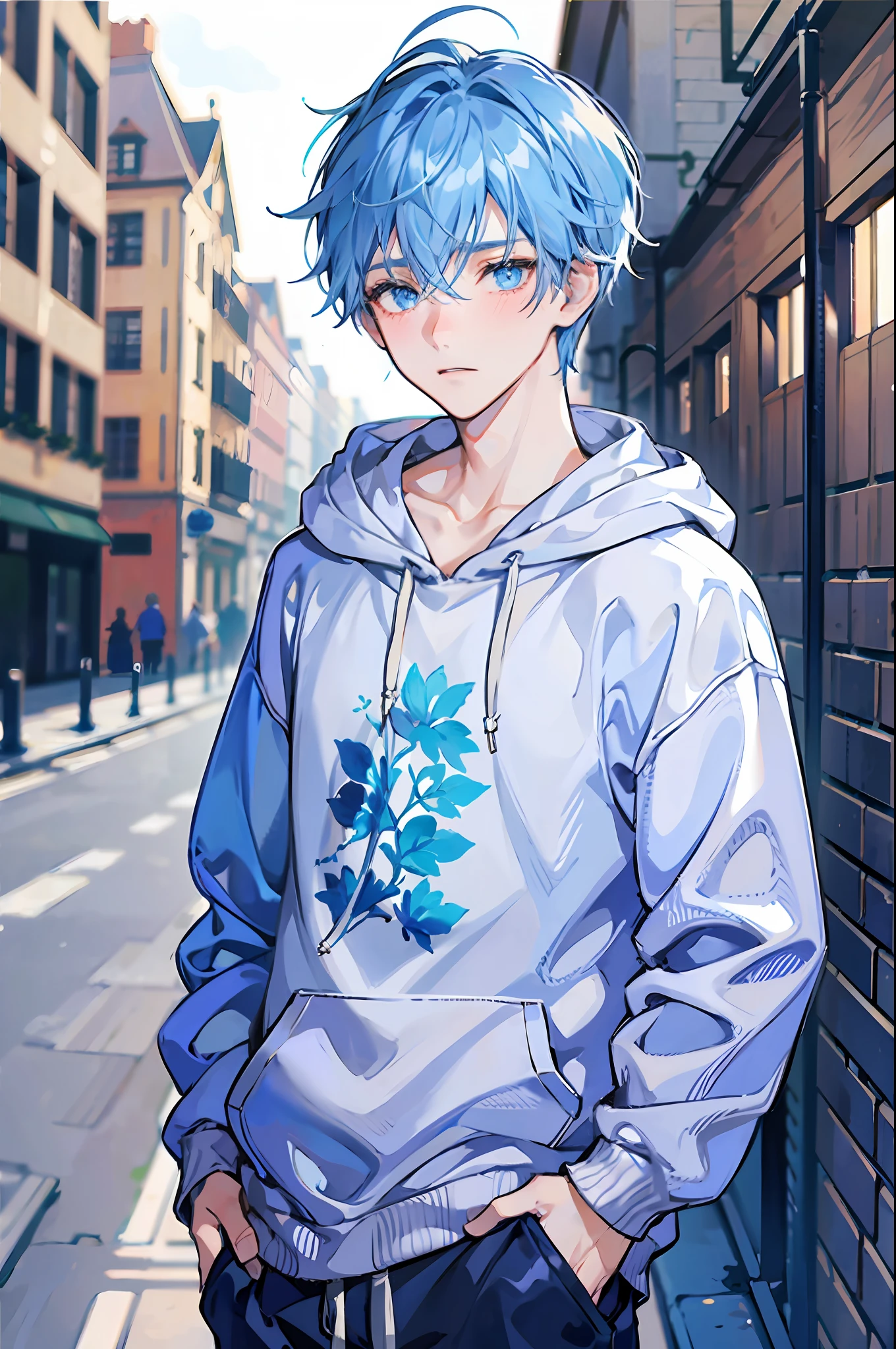 1 boy, young and delicate, light blue hair and eyes, wearing a hoodie and baggy pants, blushed intensely, shy look
