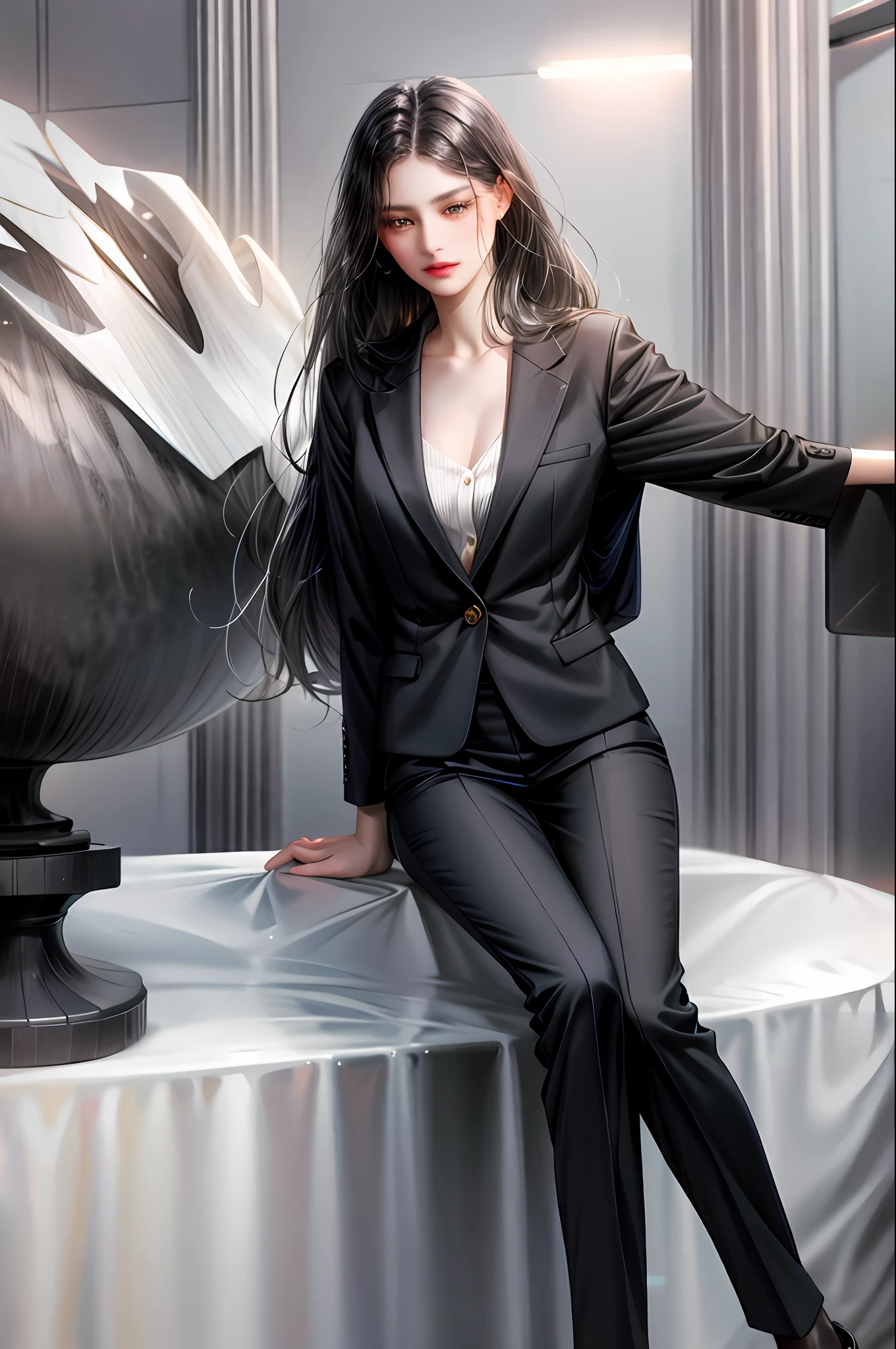 Girl with long straight black hair and brown eyes, beautiful, thin, flat, tall, wearing a businesswoman's uniform