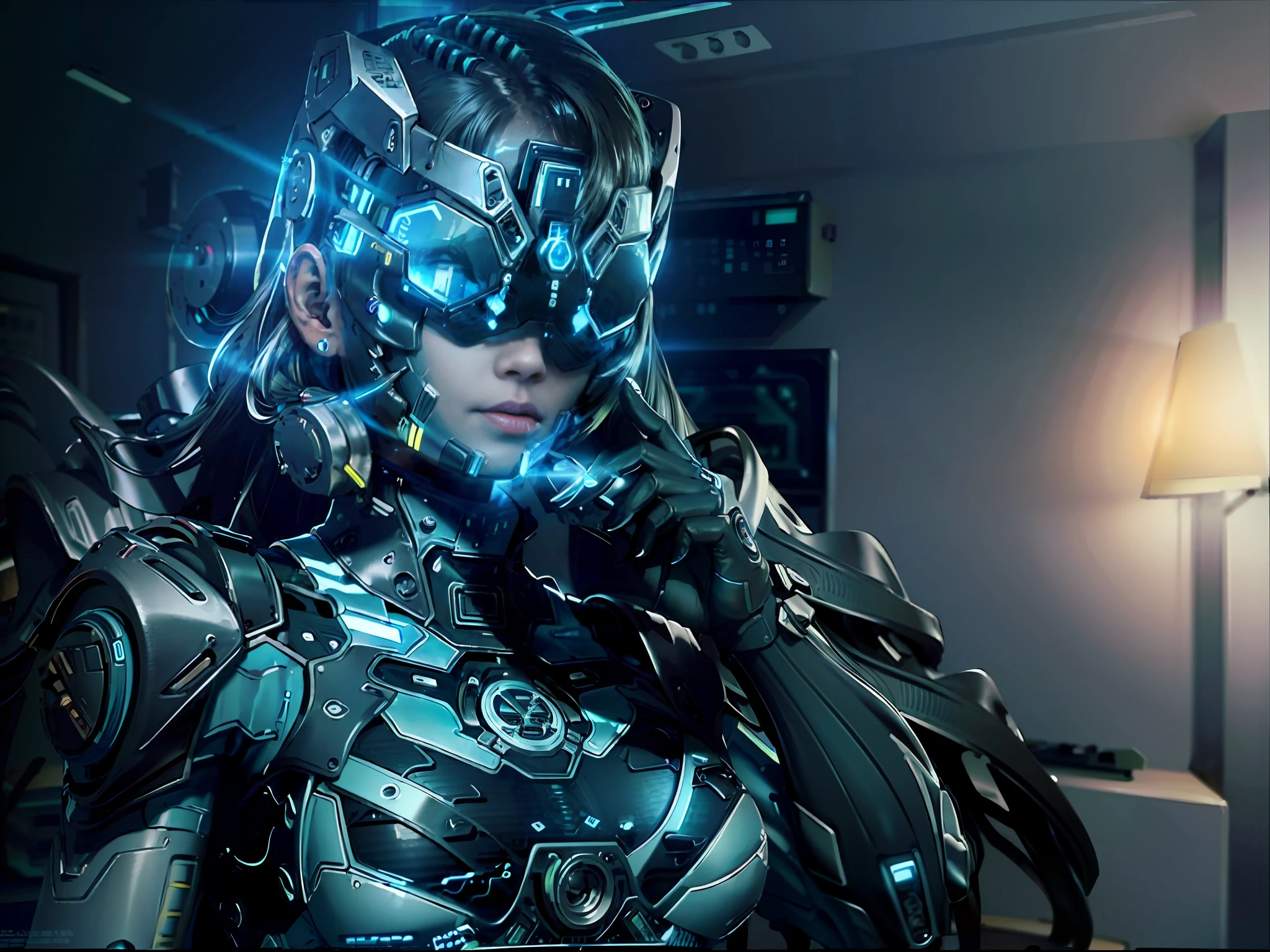((Best quality)), ((masterpiece)), (highly detailed:1.3), 3D,rfktr_technotrex, beautiful cyberpunk woman with voluminous hair, hacking a computer terminal (wearing head-mounted display that is chunky and hi-tech:1.2),computer servers, LCD screens, fibre optic cables, corporate logos,HDR (High Dynamic Range),Ray Tracing,NVIDIA RTX,Super-Resolution,Unreal 5,Subsurface scattering,PBR Texturing,Post-processing,Anisotropic Filtering,Depth-of-field,Maximum clarity and sharpness,Multi-layered textures,Albedo and Specular maps,Surface shading,Accurate simulation of light-material interaction,Perfect proportions,Octane Render,Two-tone lighting,Low ISO,White balance,Rule of thirds,Wide aperature,8K RAW,Efficient Sub-Pixel,sub-pixel convolution,luminescent particles,light scattering,Tyndall effect