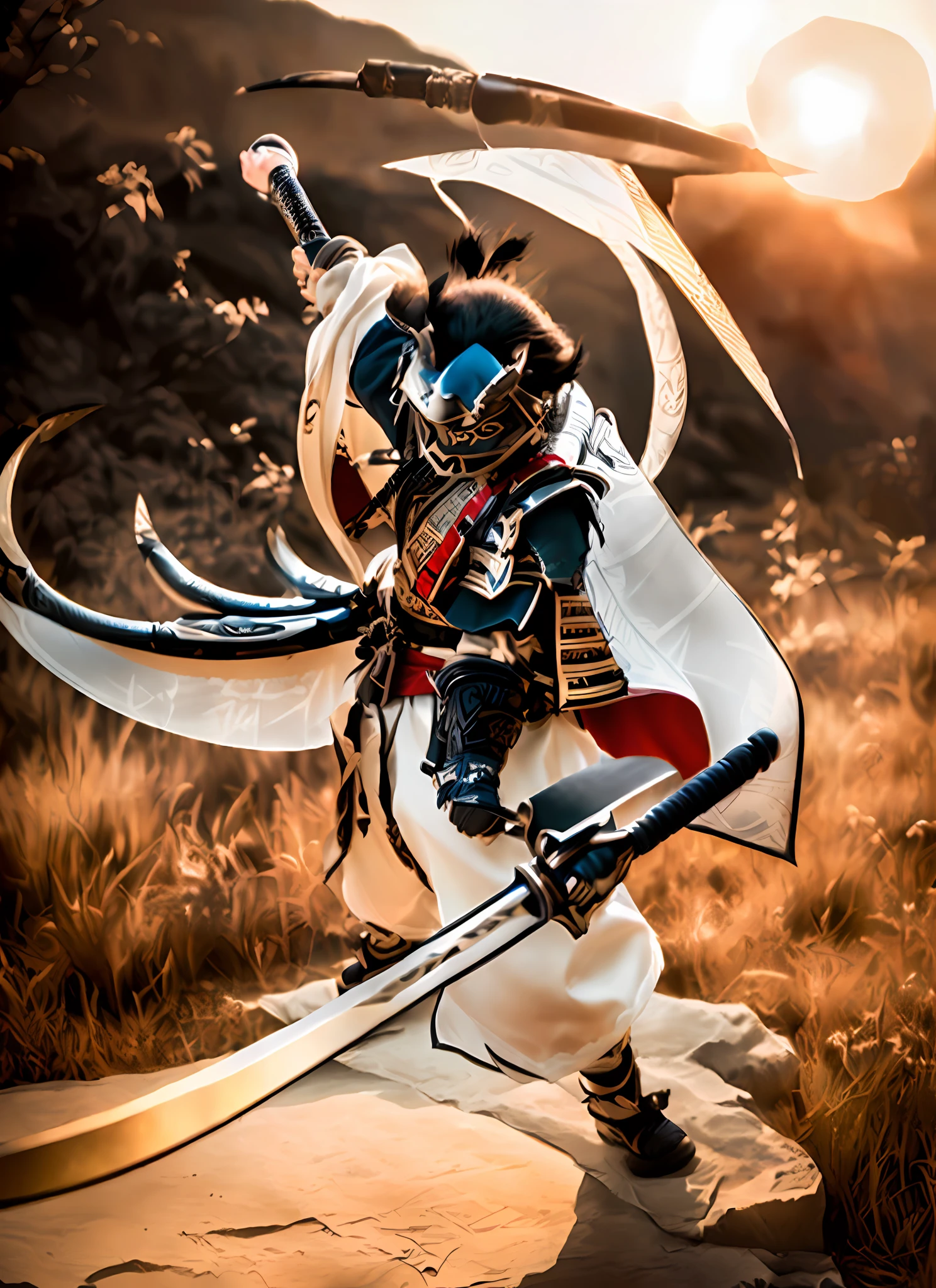 a close up of a person in a costume holding two swords, epic samurai warrrior, demon samurai warrior, zhao yun, avian warrior, samurai warrior, dressed in samurai armour, kitsune inspired armor, masamune, demon samurai, cyborg samurai, masamune shiro, eldar samurai, samurai, yasuke 5 0 0 px models