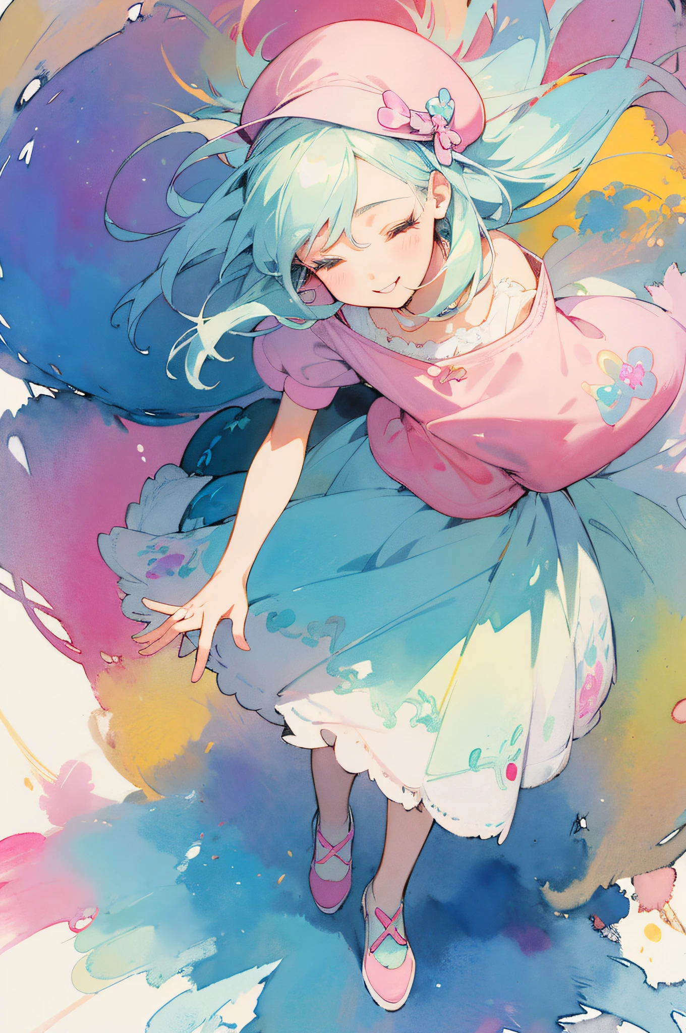 (Pastel color:1.1), (colorful:1.2), (masterpiece:1.35), (cute illustration:1.5), best quality, original, (smile), pop, lovely, sweet, beautiful and cute girl, extremely detailed beautiful face and eyes, (watercolor:1.2),(full body:1.2), (close both eyes:1.1),