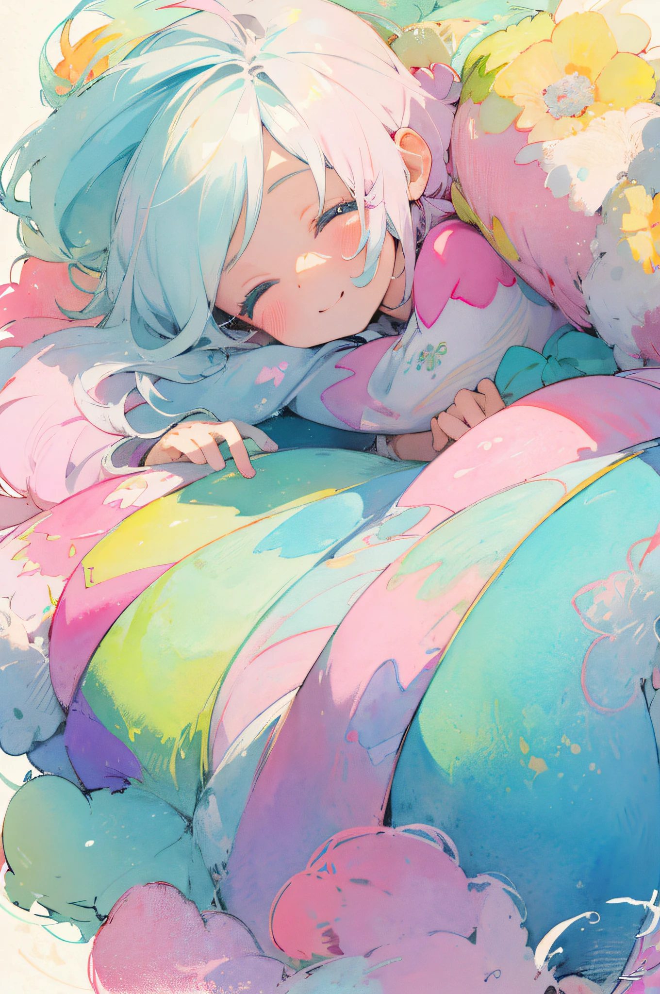 (Pastel color:1.1), (colorful:1.2), (masterpiece:1.35), (cute illustration:1.5), best quality, original, (smile), pop, lovely, sweet, beautiful and cute girl, extremely detailed beautiful face and eyes, (watercolor:1.2),(full body:1.2), (close both eyes:1.1),
