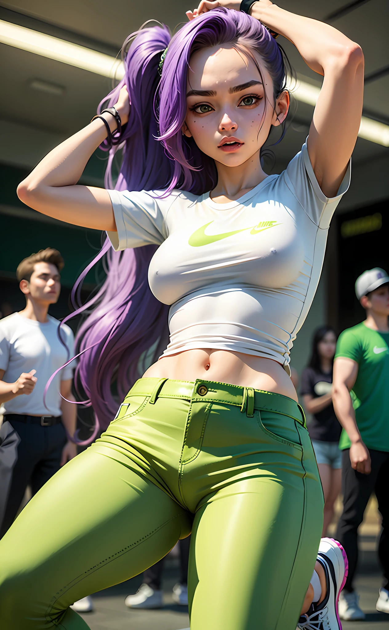 1girl, she wearing white shirt and green pants, casual clothes, wearing green nike sneakers, 22 years old, scary face, adult face, 4k style, realistic, crowded, purple long hair